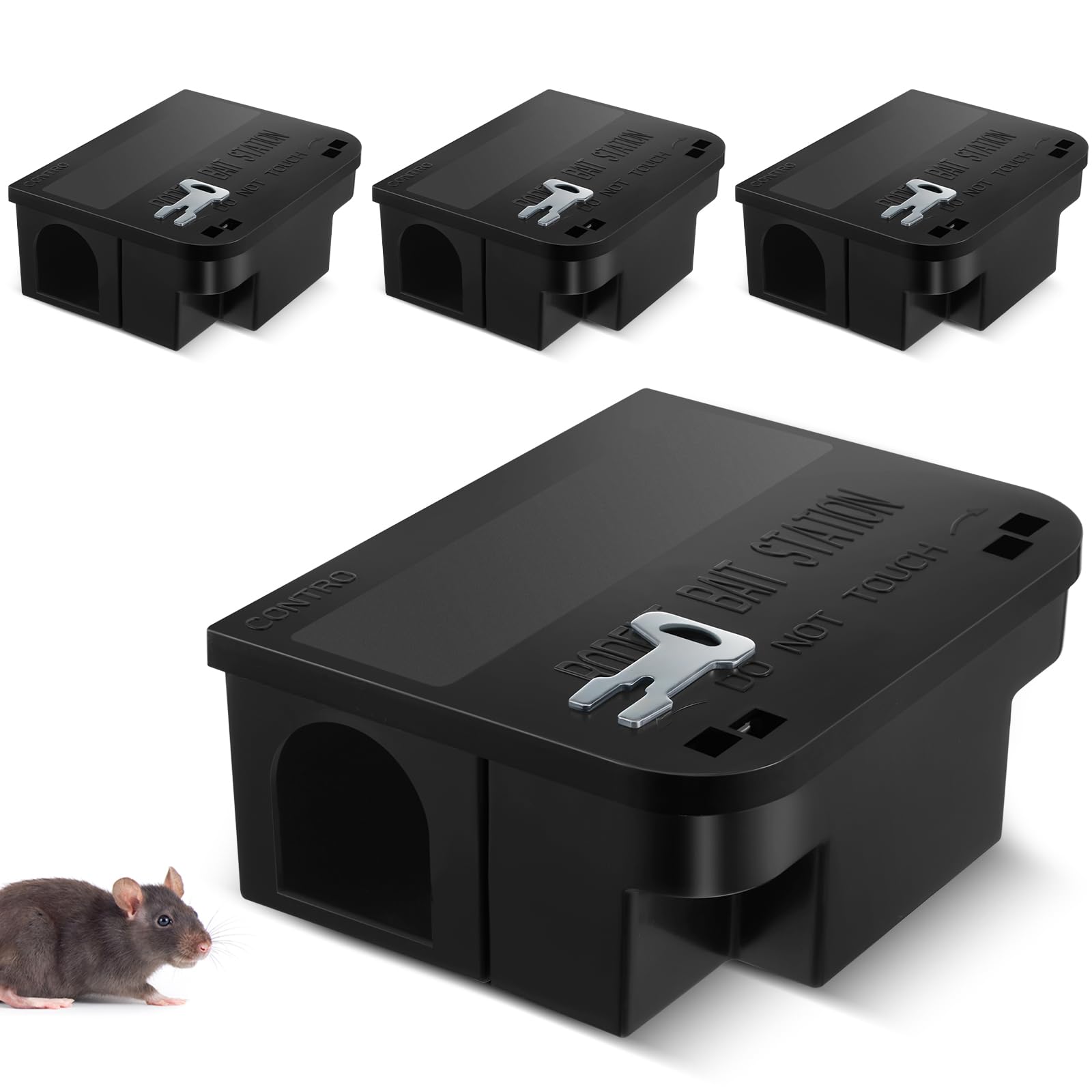 4 Pcs Rat Bait Station 8.86 x 7.28 x 3.62 Inches Rat Traps with Openable Lid, Blocks Boxes with Keys for Big Mouse, Keeps Children and Pets Safe Indoor & Outdoor, Bait Not Included (Black)