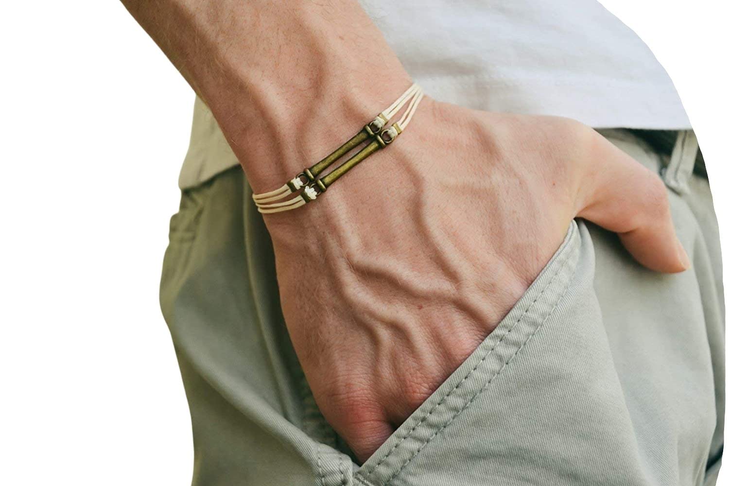 Mens Bracelet With Double Bronze Bars Charms Beige Cotton Cord