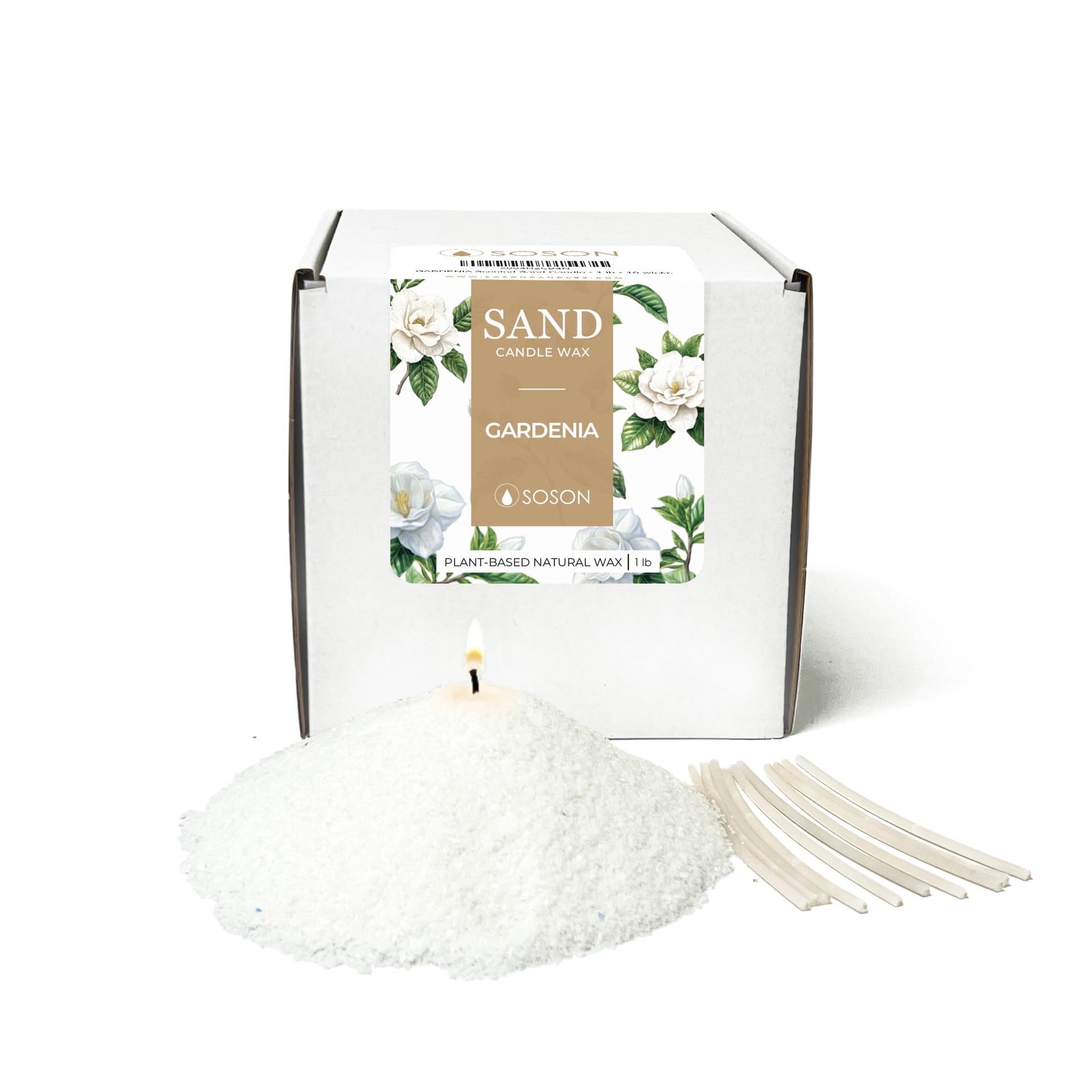 Simply Soson 1 lb Ivory Gardenia Scented Pearled Candle, Long Lasting Powder Sand Candle, Refillable Pearl Sand with 10 Wicks for Candlemaking