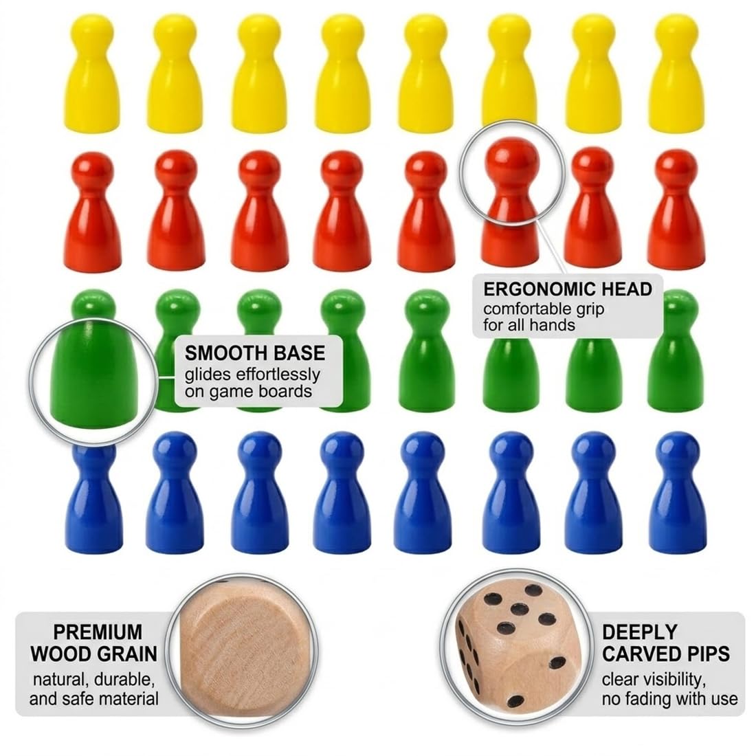 Pedine Gioco da Tavolo in Legno Colorate, 32pz Extra Grandi + 2 Dadi | Ricambio Universale per Ludo, Dama, Bambini e Anziani