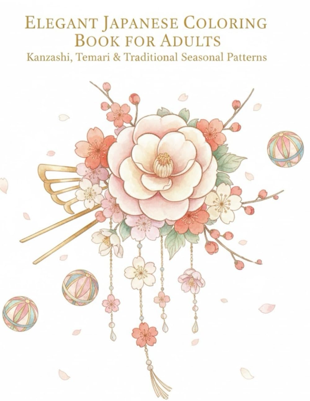 Elegant Japanese Coloring Book for Adults: Kanzashi, Temari & Traditional Seasonal Patterns