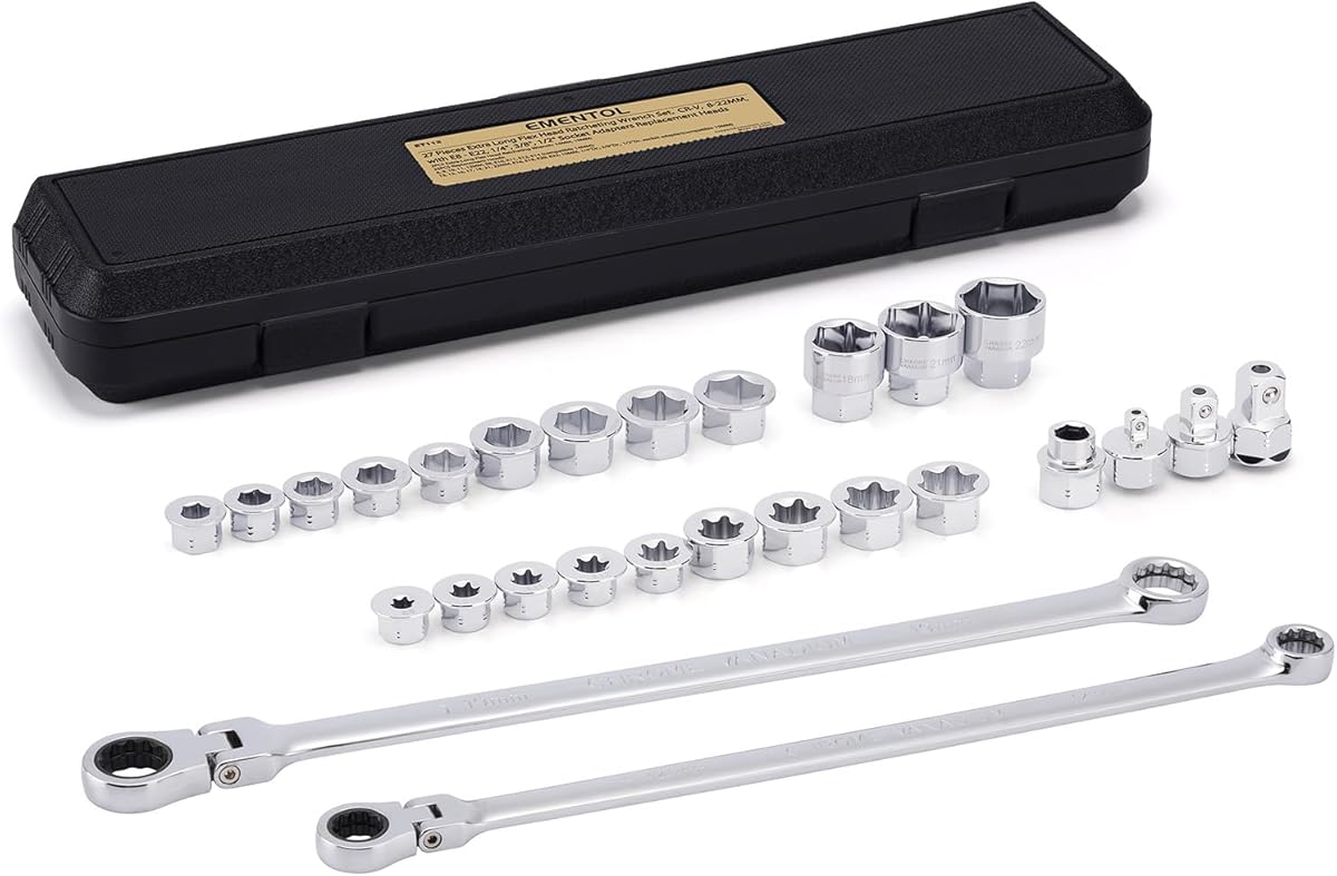 EMENTOL 27PCS Extra Long Flex Head Ratcheting Wrench Set, CR-V, Double Box End Ratchet Wrench Set with 8mm - 22mm, E8 - E22, 1/4", 3/8", 1/2" Socket Adapters Replacement Heads