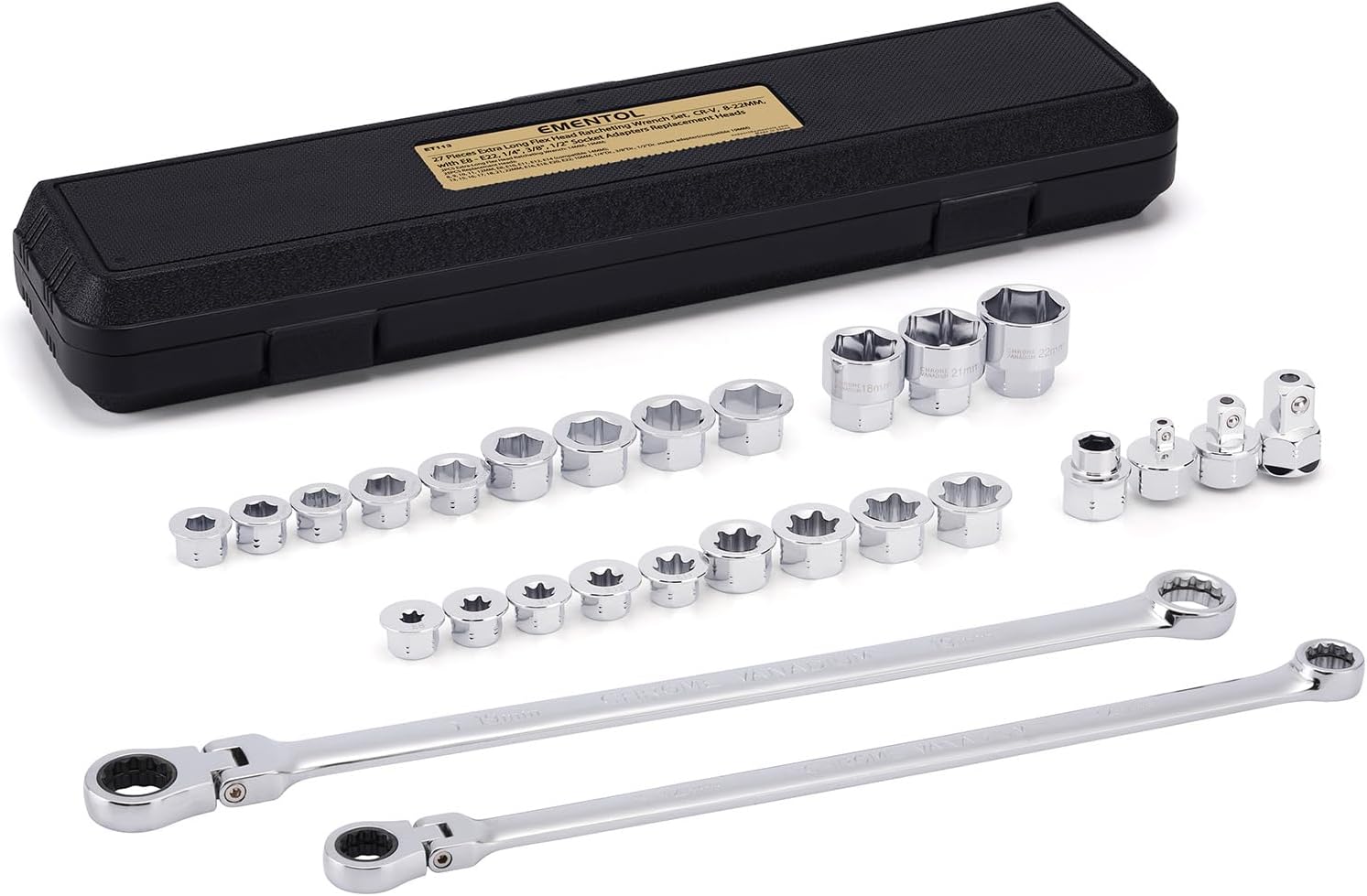 EMENTOL 27PCS Extra Long Flex Head Ratcheting Wrench Set, CR-V, Double Box End Ratchet Wrench Set with 8mm - 22mm, E8 - E22, 1/4", 3/8", 1/2" Socket Adapters Replacement Heads
