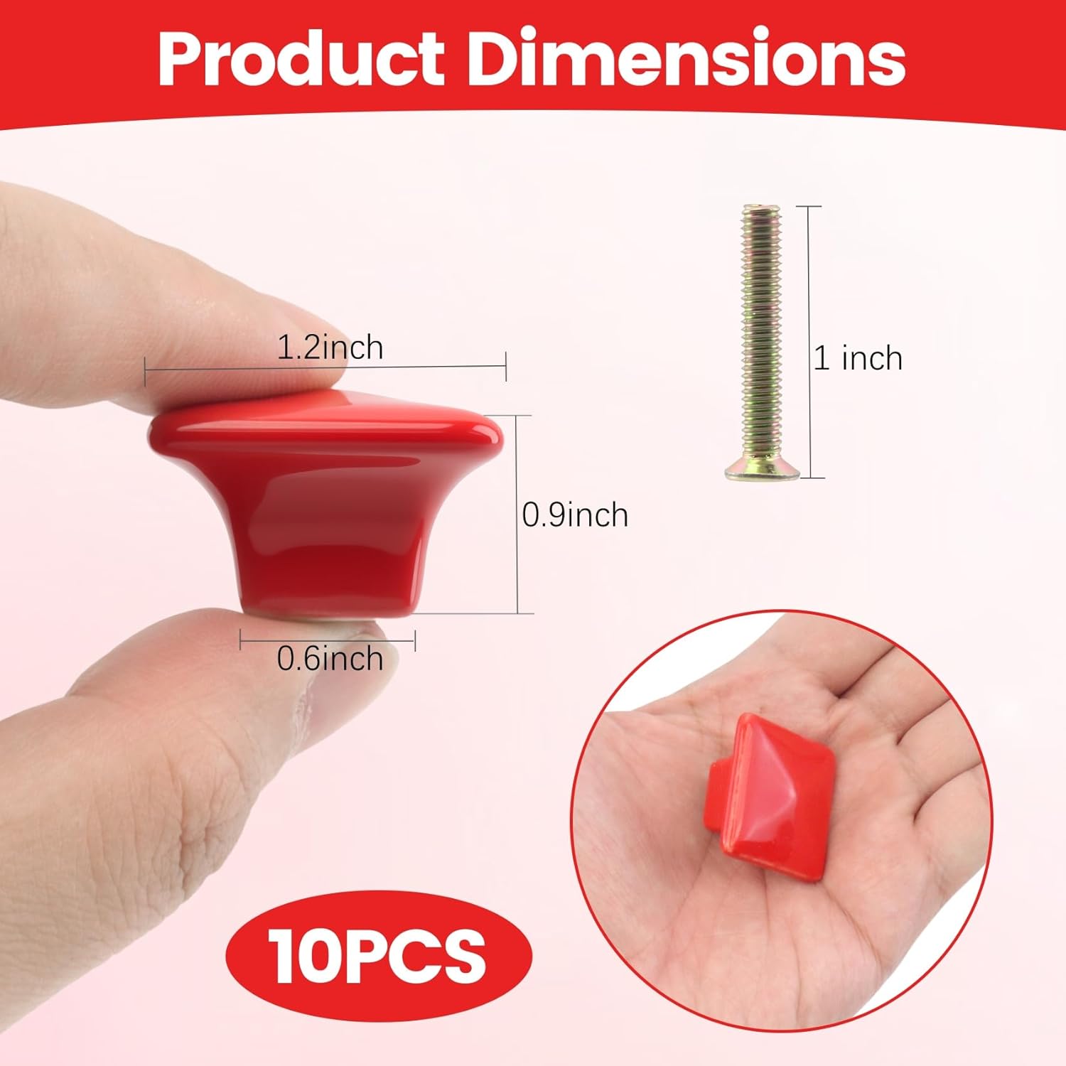 10PCS Cabinet Knobs Square Dresser Knobs, Ceramic Decorative Cabinet Pulls Knob for Cupboard, Locker, Red