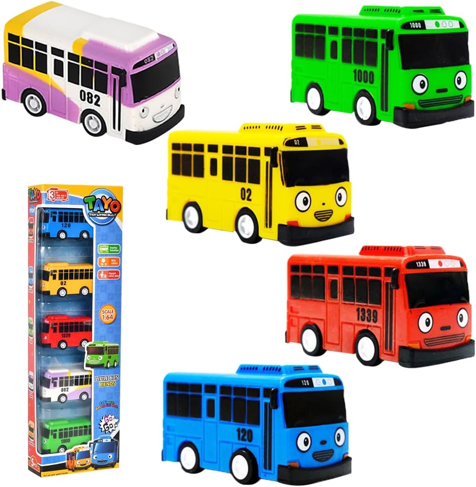 NyaSaa 5-Piece Die-cast School Bus Toy, Pull-Back City Bus Kids Gift