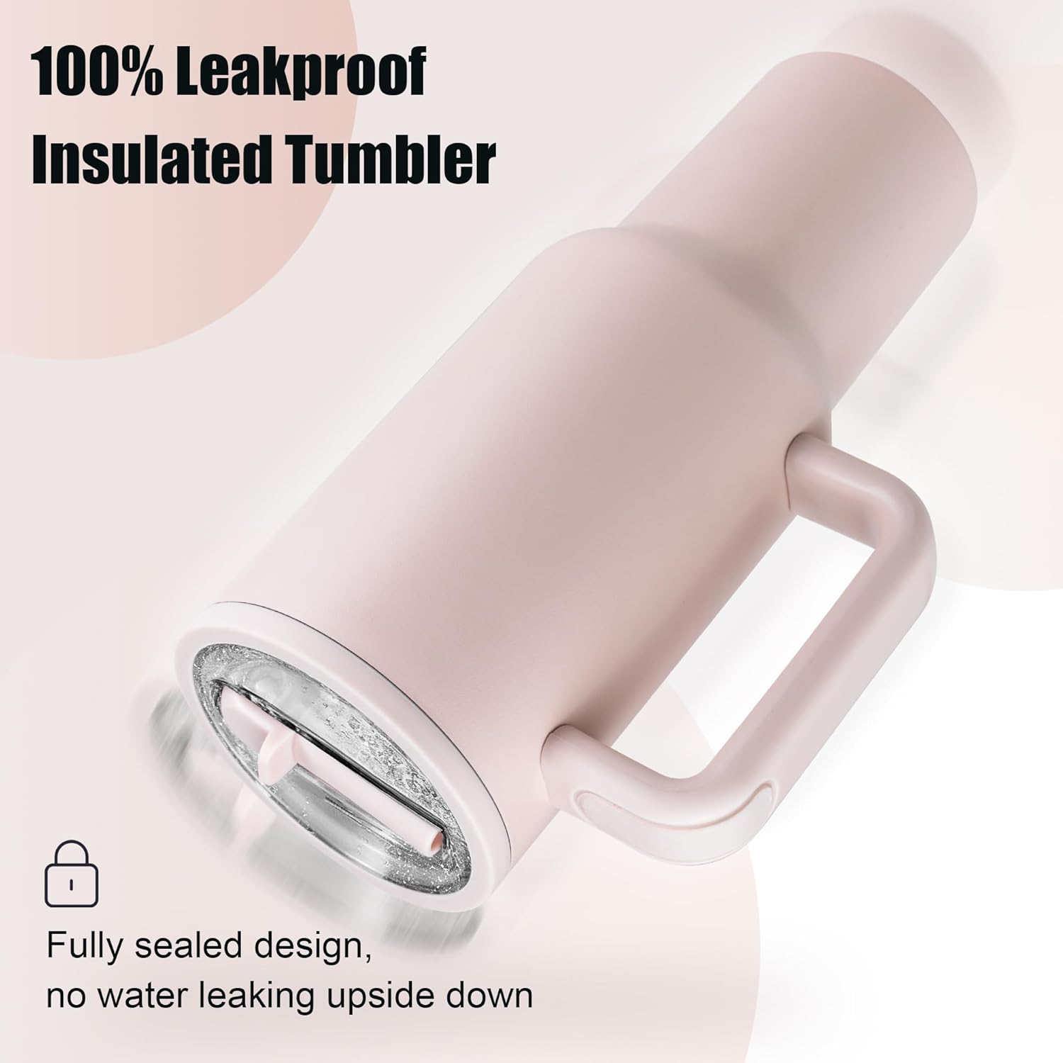 40 oz Insulated Tumbler with Handle and Straw | 100% Leakproof Insulated Water Bottle Travel Mug | Double Wall Vacuum Insulated | Cup Holder Friendly | BPA-Free (Rose Quartz) - Image 3