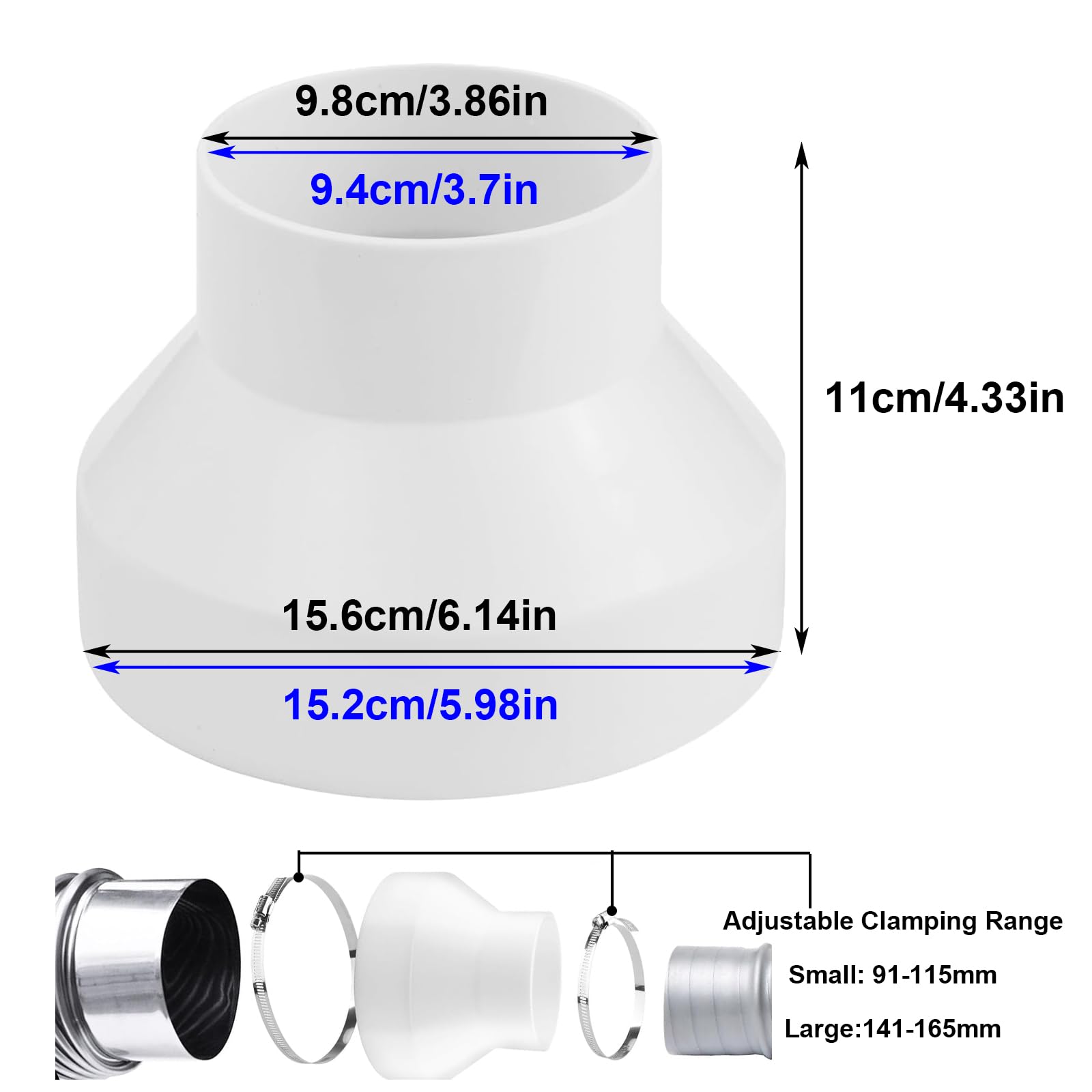 Adapter węża 150 mm do 100 mm, reduktor przewodów ABS z 2 opaskami ze stali nierdzewnej, reduktor wentylacyjny do okapu kuchennego klimatyzatorów kanałów wentylacyjnych