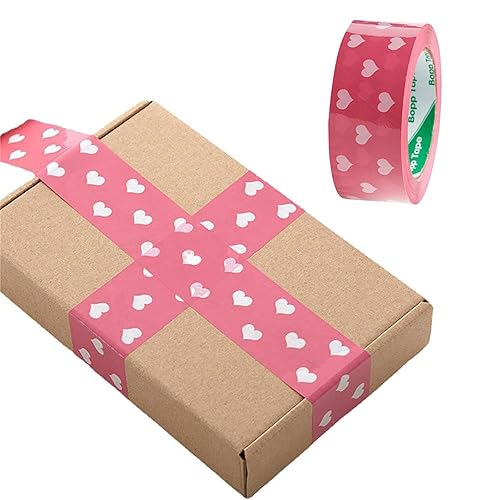 Vista 3 de FTTIKI Cinta de embalaje decorativa de 1.77 pulgadas x 110 yardas, 1 rollo (corazón blanco sobre fondo rosa)