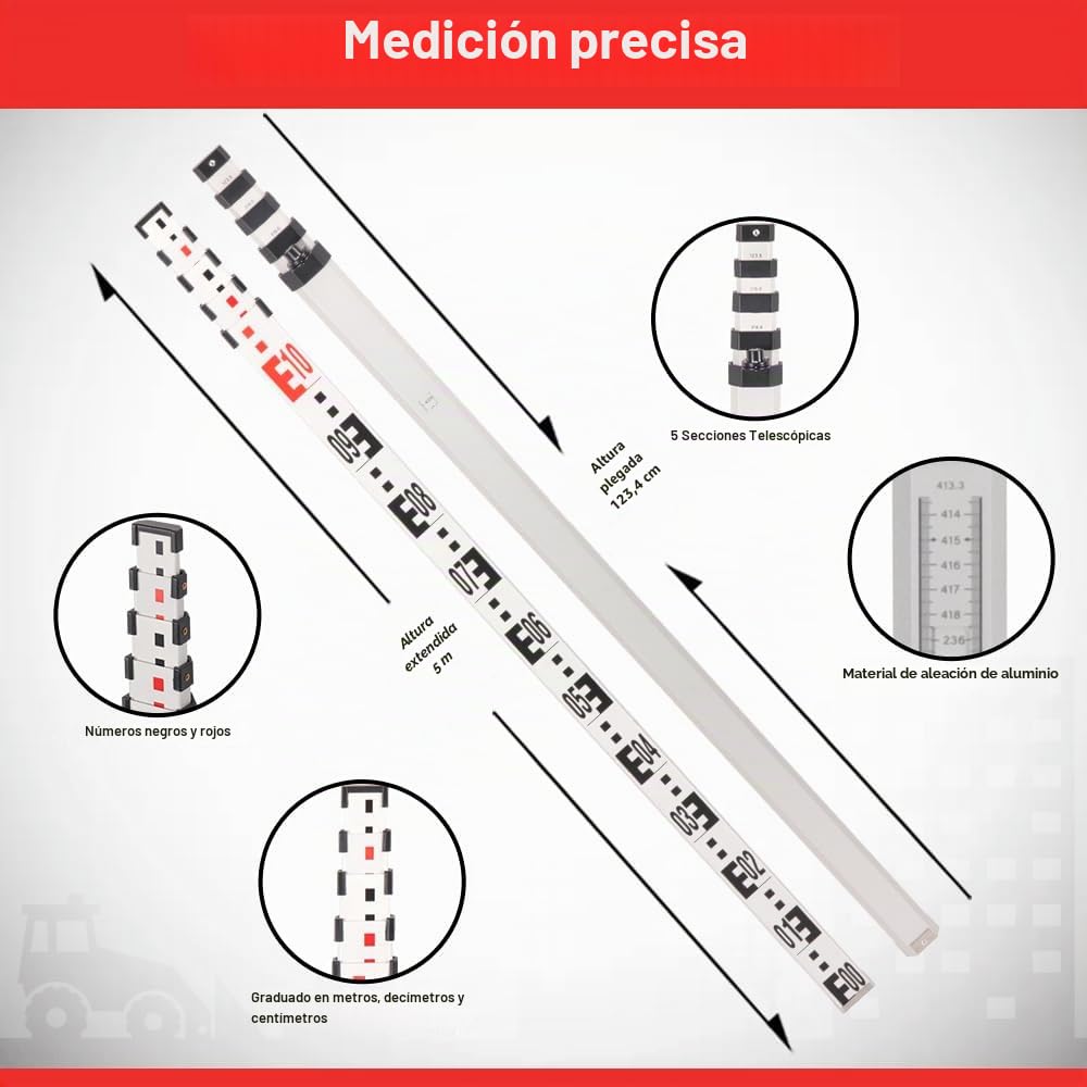 Barra niveladora profesional de aluminio de 5 m, escala métrica de una cara con medición de altura, resistente para topógrafos, constructores y bricolaje