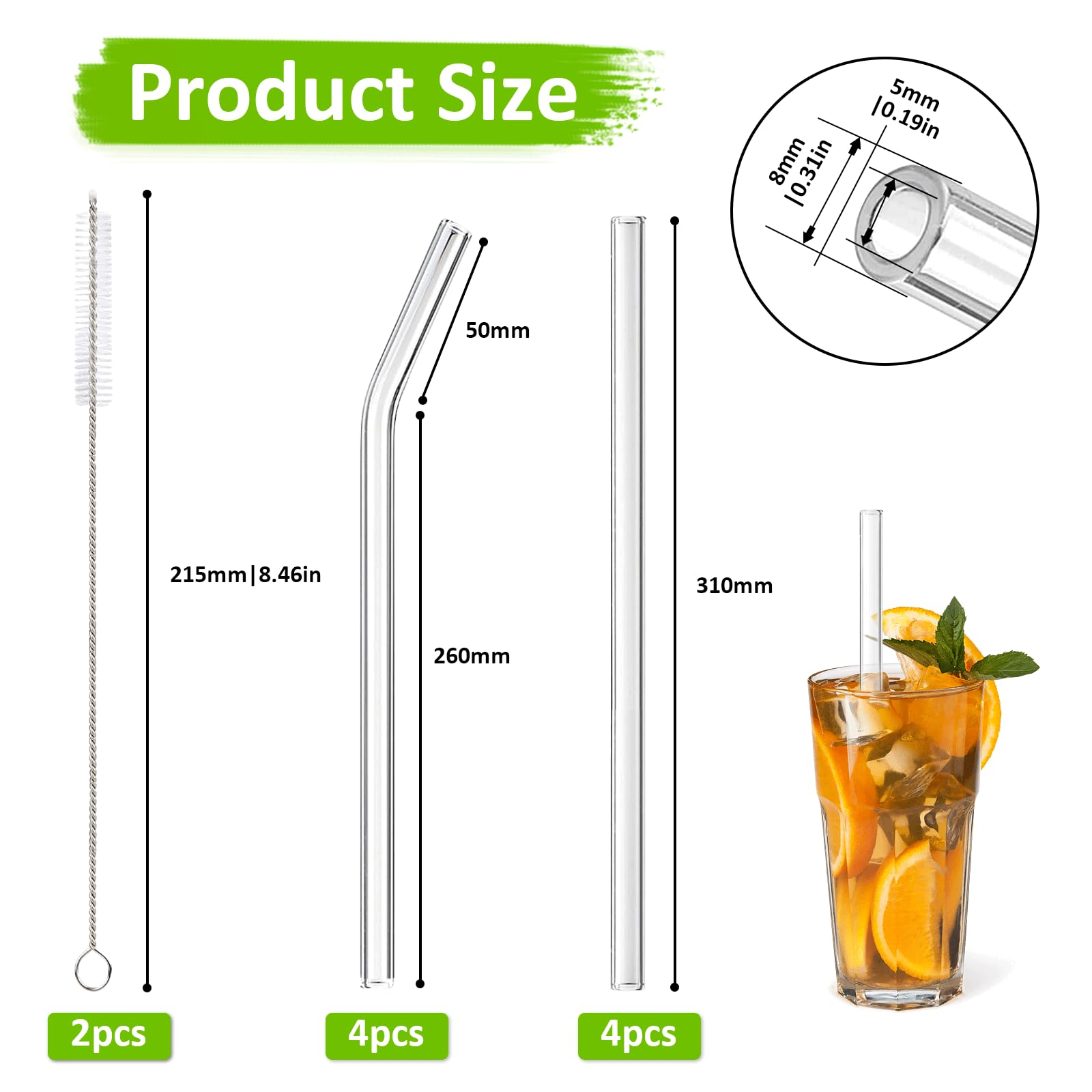 Pajitas De Cristal Para Stanley Cup 40 Oz - Pack De 8 (4 Rectas + 4 Curvas), 31 Cm, 10 Mm, Con Cepillos