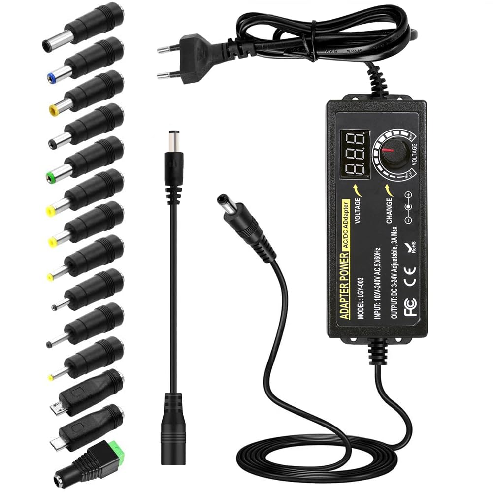 Alimentatore Universale, 3-24V Caricabatterie Universale, 3A, 72W Adattatore di Alimentazione Regolabile 100 V-240 V AC a DC con Indicatore di Tensione LED e 5,5 x 2,5 mm, 14 Consigli per Elettronica