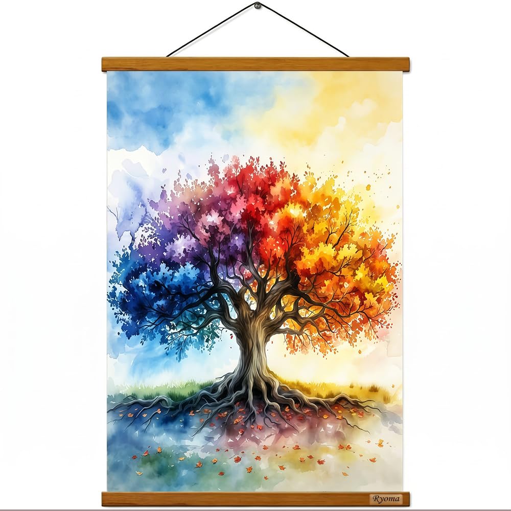 Ryoma Tree of Life Scroll Canvas Wall Art,Wooden Scroll Hanging Painting, HD Watercolor Print Canvas Wall Decor 16x24in (Watercolor)