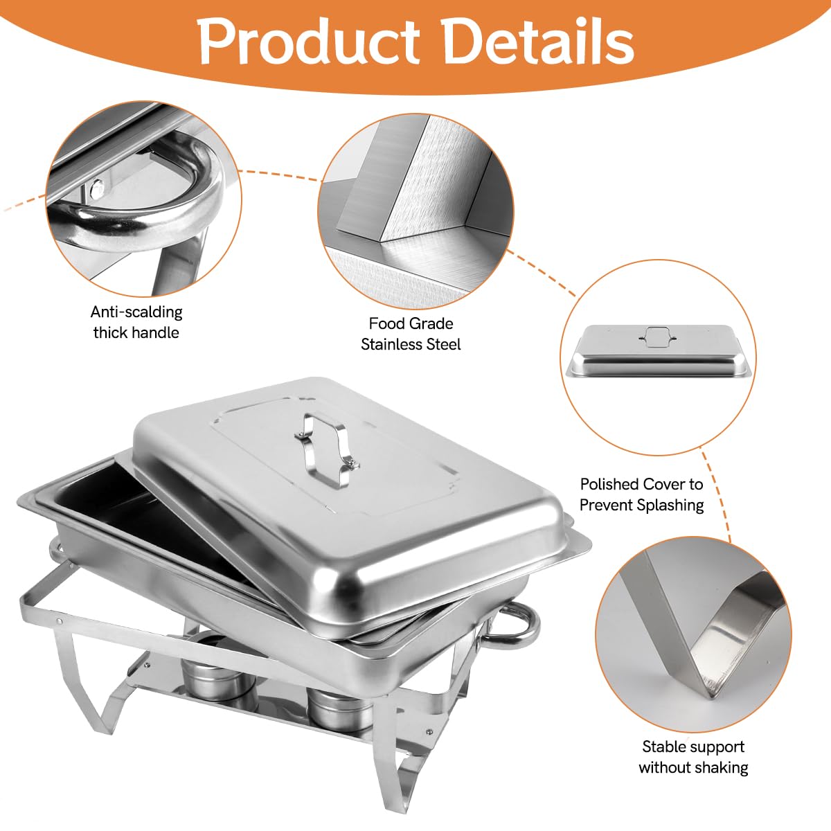Scaldavivande per Buffet in Acciaio Inox, 9L Chafing Dish Catering Buffet Set con Pinze e Cucchiai per Party, Feste, Matrimoni, Banchetti (4 pezzi, 4 x GN 1/1)