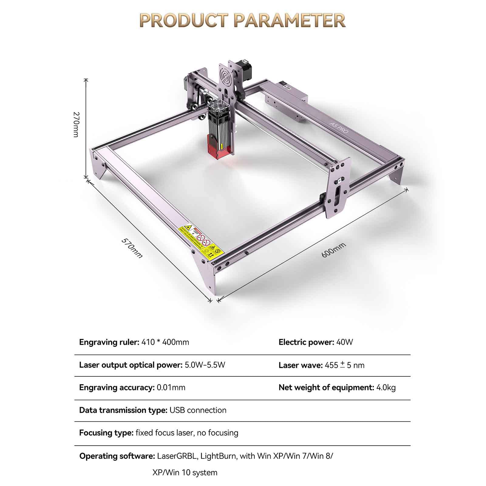 Taglierina laser, macchina per incisione laser, stampante fai da te laser a fuoco fisso, macchina per incisione laser A5 Pro 40W incisore fai-da-te Taglio ad alta precisione per legno m