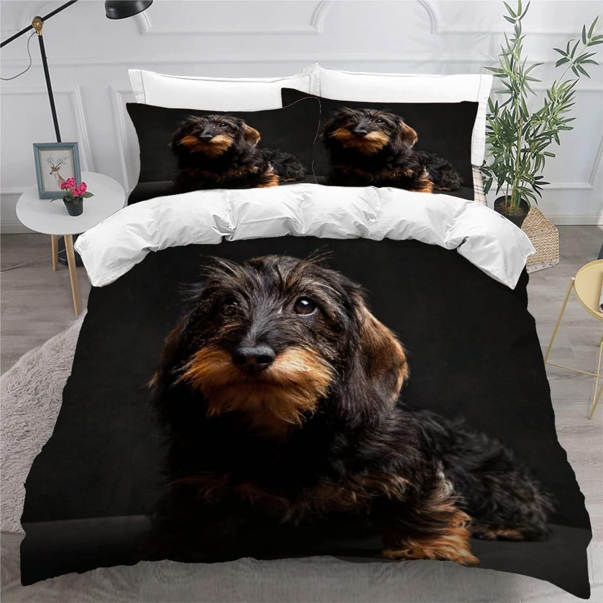 MEVASA Dachshund Bedding Set - Microfiber Teen Bedding Black Dog 3D Set for Small Double - Anti Allergic Duvet Cover Set with Zipper /200x200