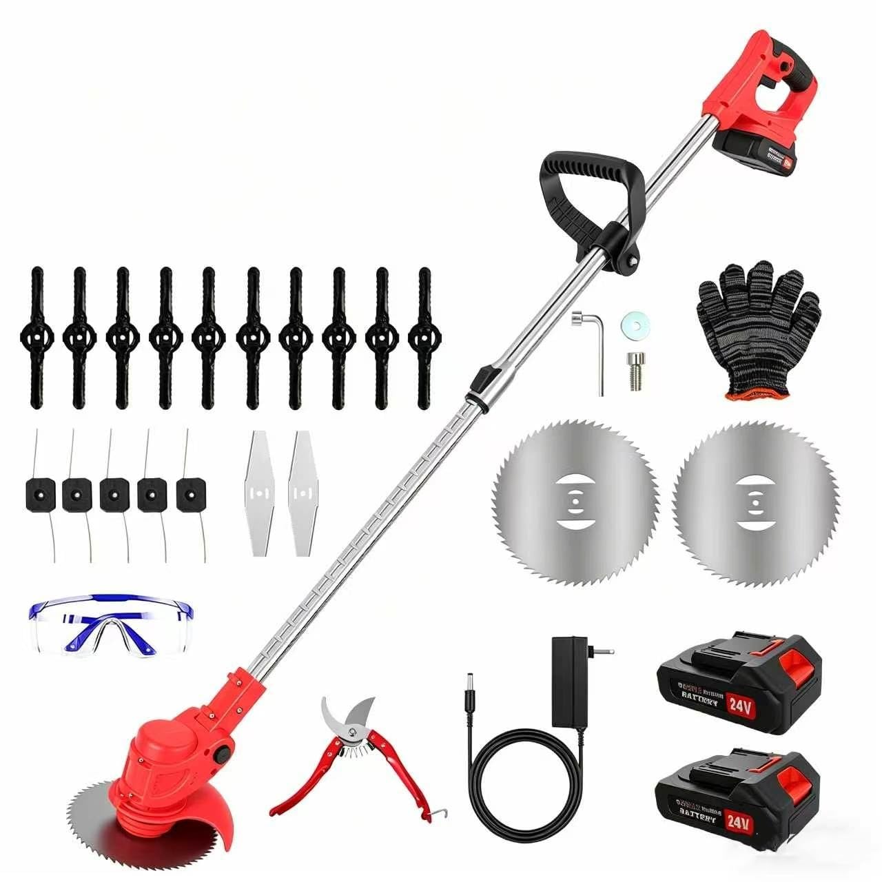 Akku-Rasentrimmer 24V, 2×2.0Ah Akku & Ladegerät, 4-in-1 Freischneider mit 10 Kunststoffklingen, 2 Stahlklingen & 2 Kreissägeblättern, automatische Fadenspule, Abnehmbarer Griff, für Rasen & Gestrüpp