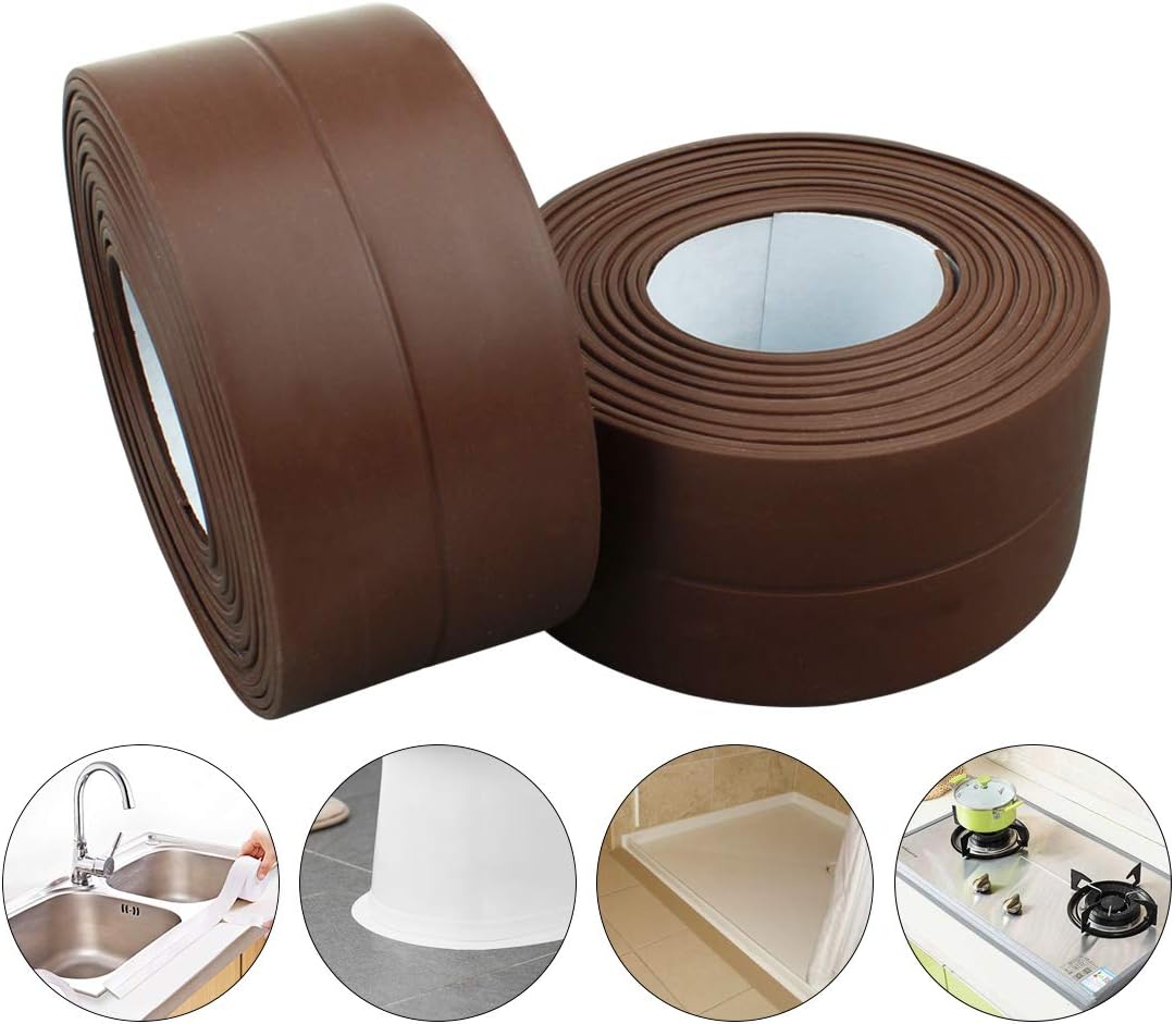 Caulk Strip for Bathtub Bathroom Pack of 2 Caulk Tape Self Adhesive PVC Waterproof Sealing Tape Edge Protector for Kitchen Countertop, Sink, Bathturb, Toilet, Gas Stove and Wall Corner, Dark Coffee