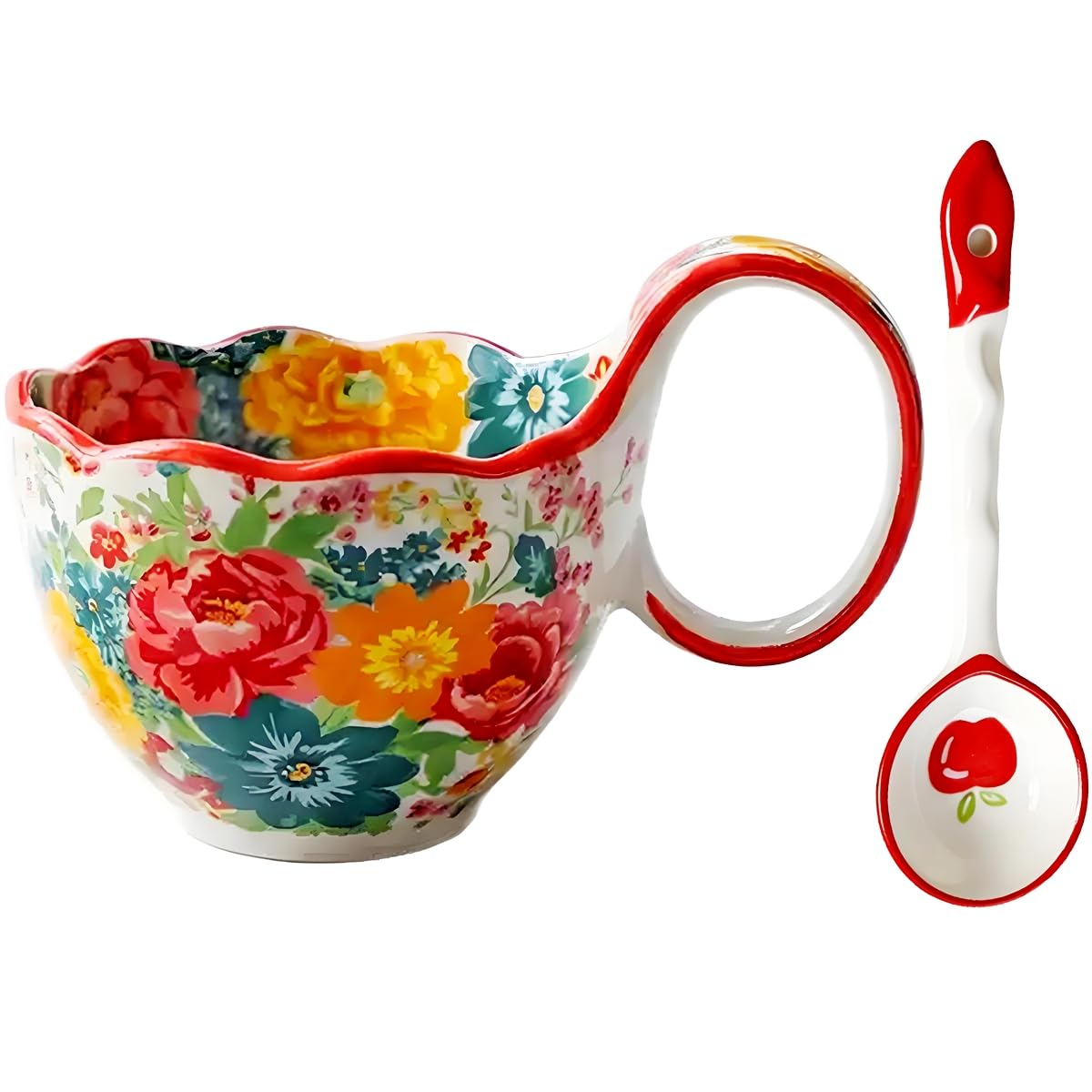 Microwavable Soup Bowl with Handle, Hand Painted Wreathed in Blossoms Decorative Soup Bowls with Handles, Ceramic Soup Bowl with Spoon for Holding Fruits Cereal Snack, Chili, Ice Cream, Stew and Salsa