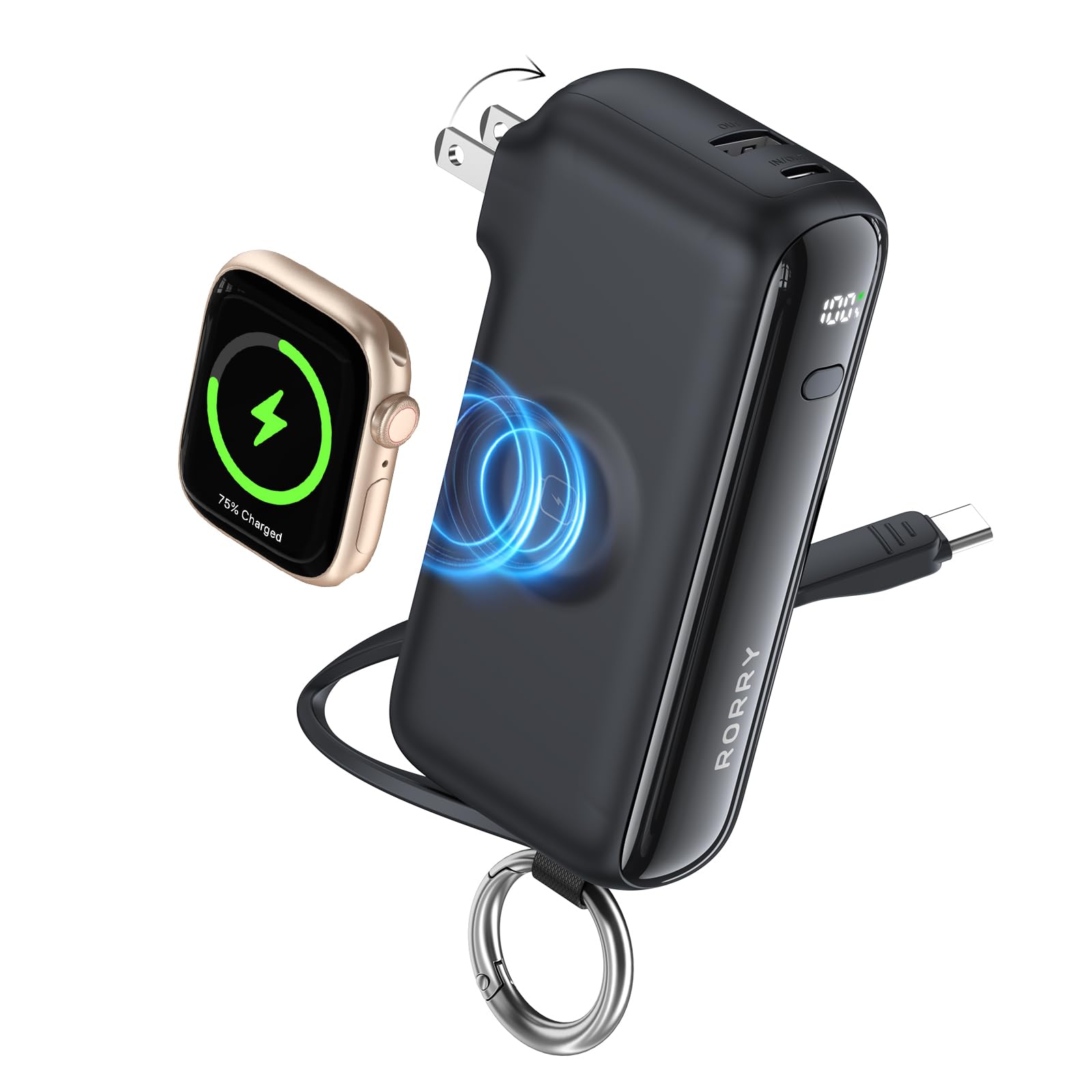 RORRY Flow Portable Charger, 10000mAh 40W Fast Charging Power Bank with Built-in USB C Cable and Foldable Wall Plug, Battery Pack Travel Essentials for iPhone 17/16/15, Apple Watch, iPad, MacBook