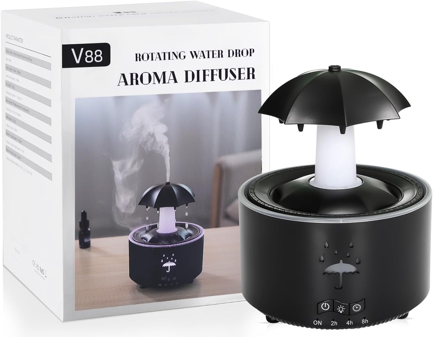 3-in-1 Rain Drop Humidifier & Essential Oil Diffuser with 360 Ratation Waterfall/Whisper Rain Sound/Cool Mist/ 7 Mood Lights, Umbrella Design Humidifiers for Bedroom Home Living Room (Black)
