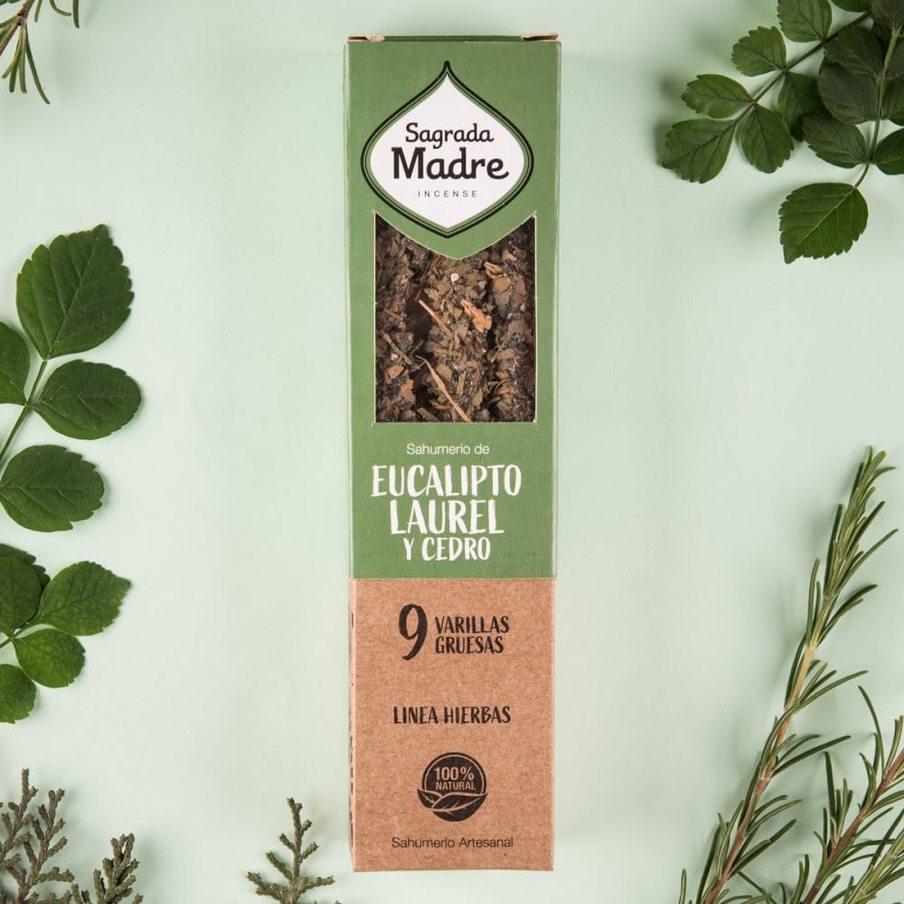 Sagrada Madre Brown Natural Ecological Incense Herbs, Eucalyptus - Laurel - Cedar, 9 Thick Sticks