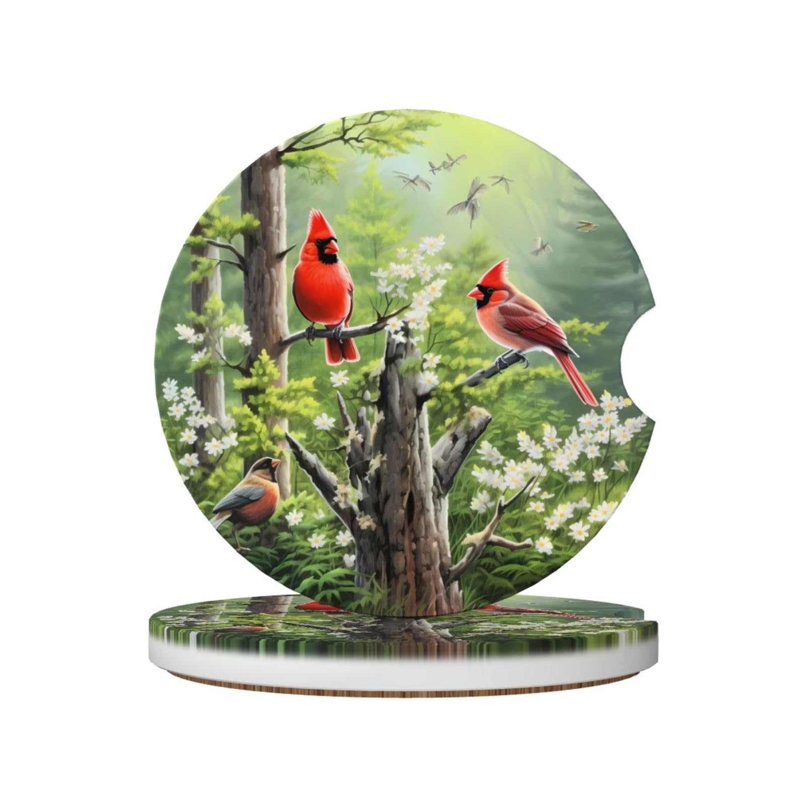 2 Pack Spring Red Birds Ceramic Absorbent Car Coasters Dia 2.56"