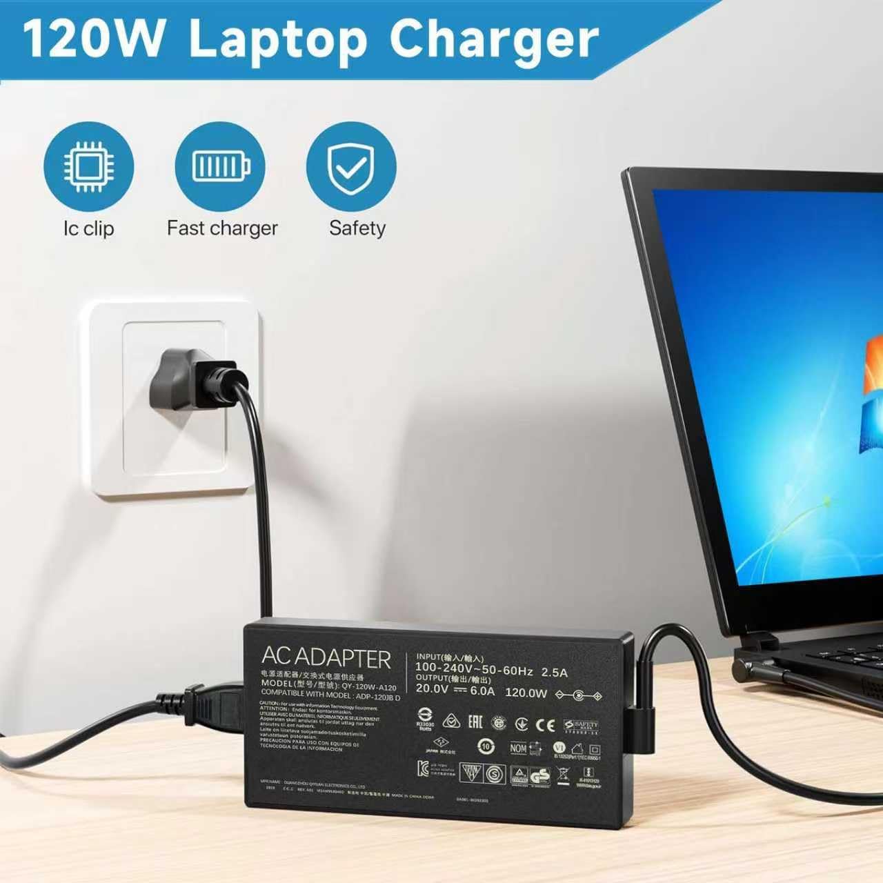 120W AC Adapter Compatible with ASUS ZenBook Pro 15 UX534FT, Flip 15 Q538EI Q547VF, VivoBook Pro 14 15 16X M7600 N7600 20V 6A 4.5mm x 3.0mm Connector (Small Tip with Pin Inside)