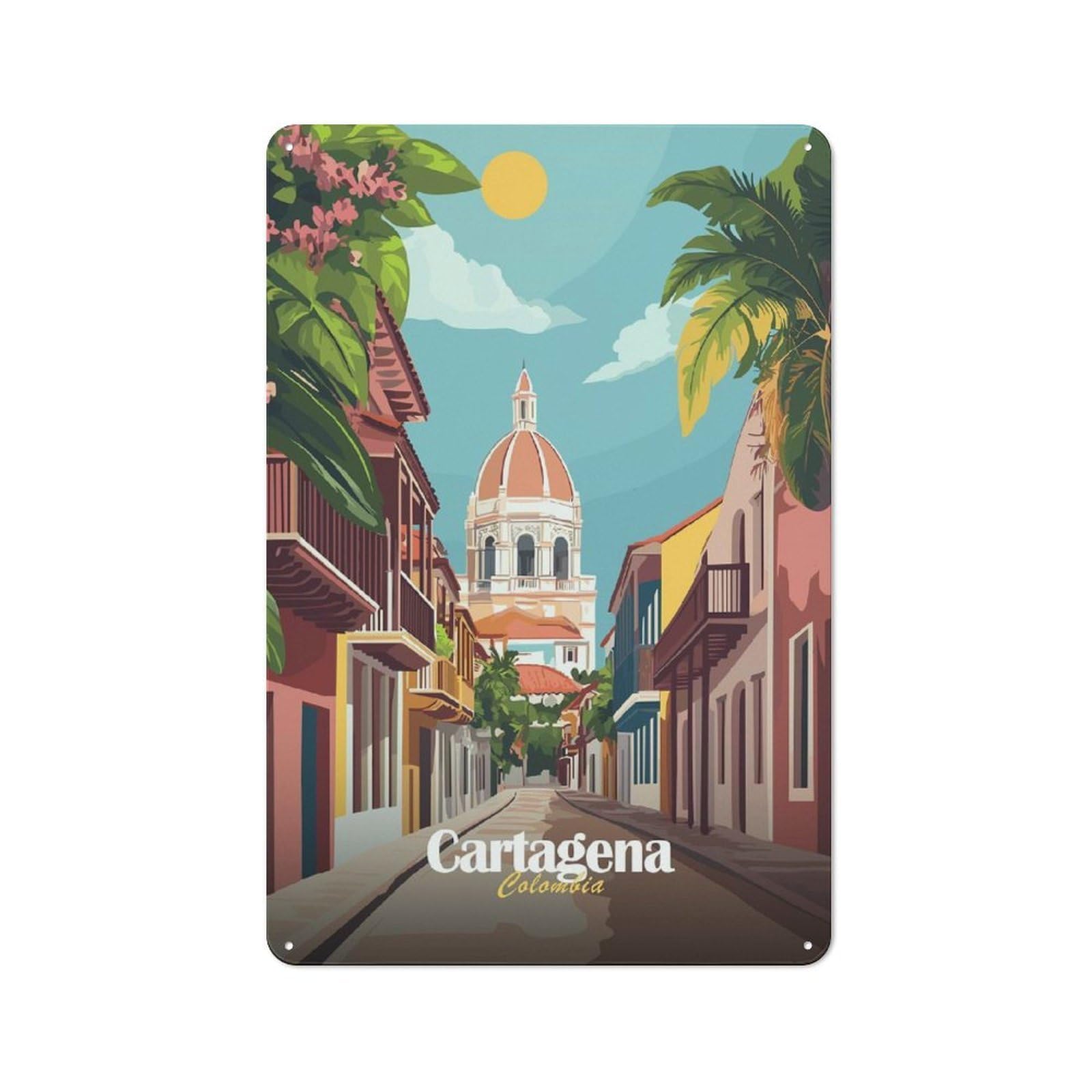 Junmoney Style-19 Classic Cartagena, Colombia Street Scene Metal Wall Plaque 30X20cm, Retro Room Decor For Bedroom, Office, Home Bar Or Dining Room