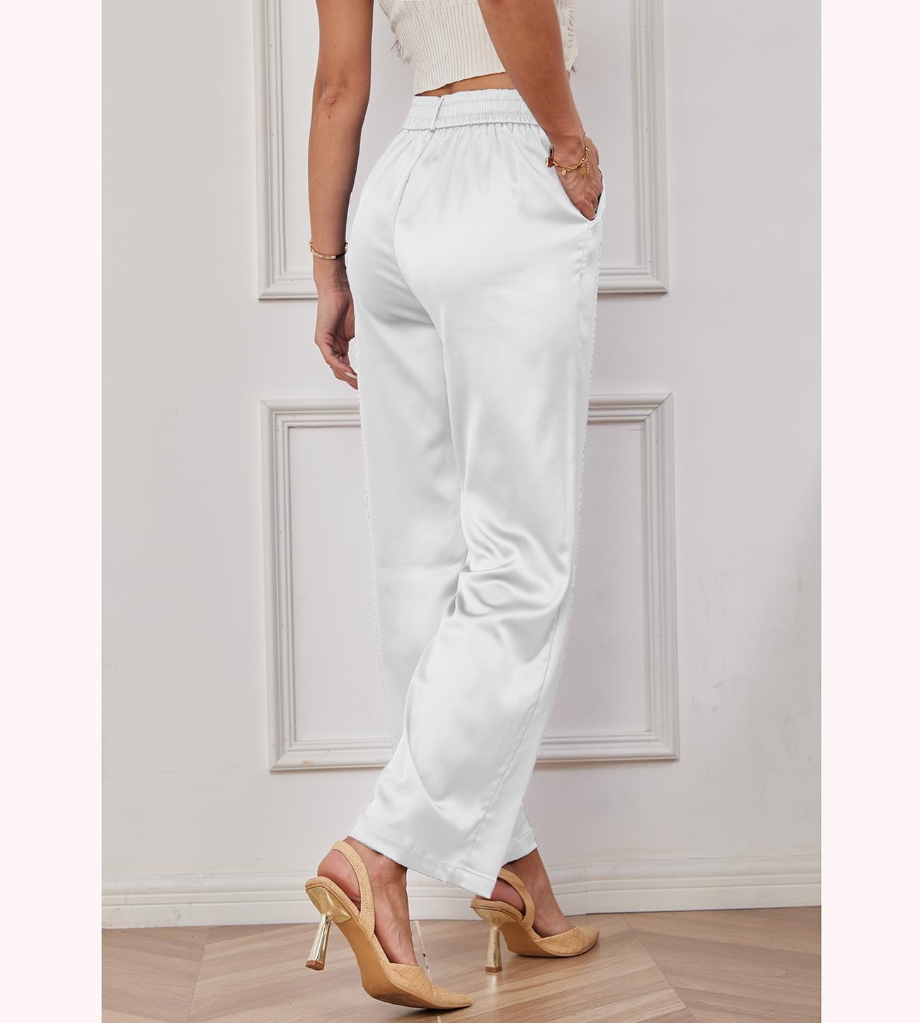 zsangbee Women's Satin Wide Leg Pants High Waisted Work Pants Party Dress Trouser Casual Slacks - Image 3