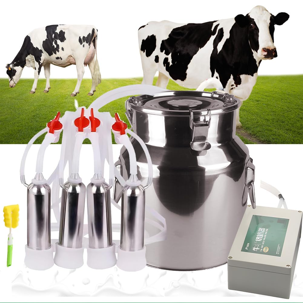 Mungitrice elettrica per mucche, 14 l, 4 tazze, con secchio in acciaio inox, tubo in silicone, arresto automatico, alimentato a batteria per una mungitura efficiente