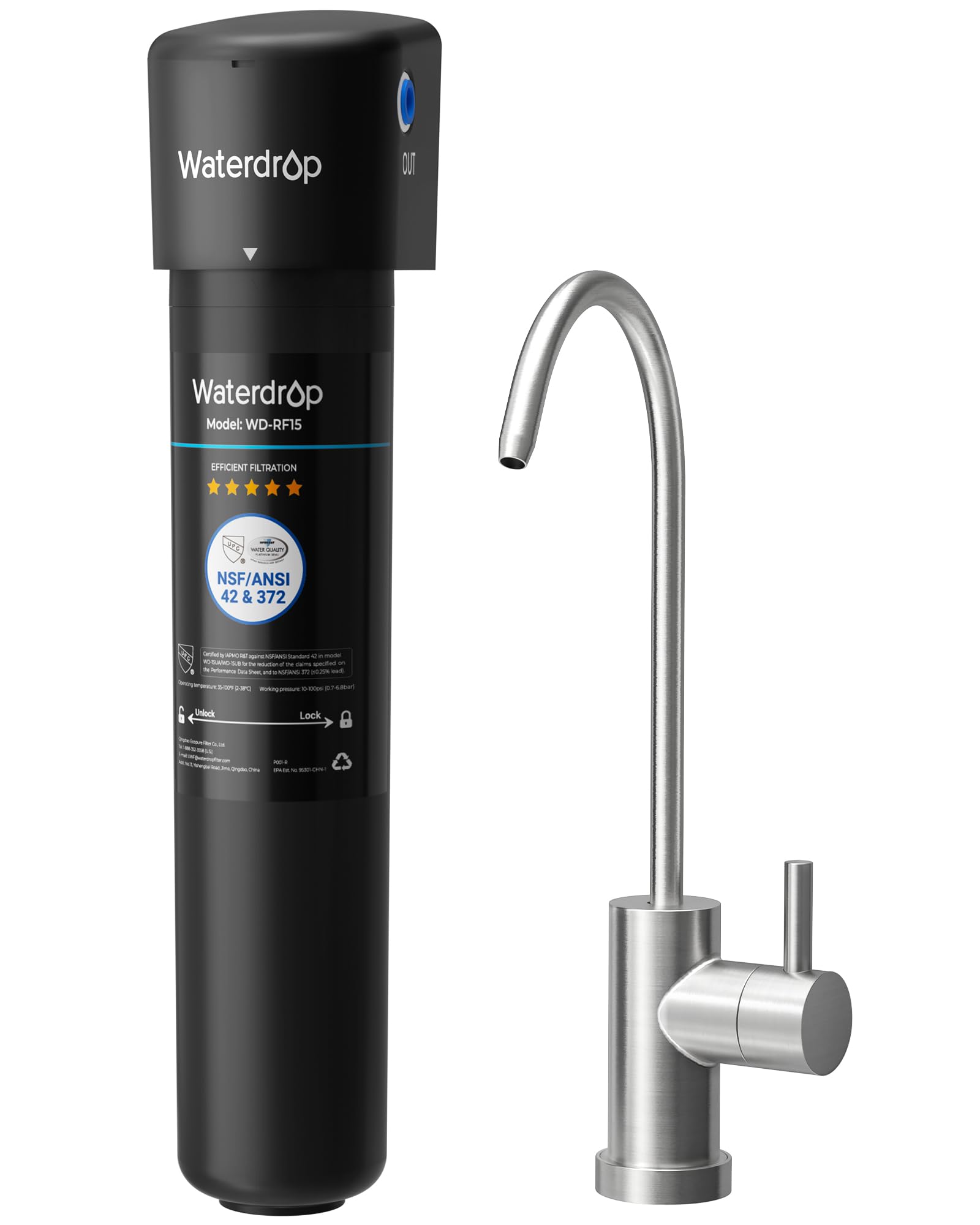 Waterdrop 15UB Under Sink Water Filter, Under Sink Water Filtration System for 2 Years, NSF/ANSI 42 Certified, Reduces PFAS, PFOA/PFOS, Lead, Under Sink Water Filter with Faucet, 19K Gallons