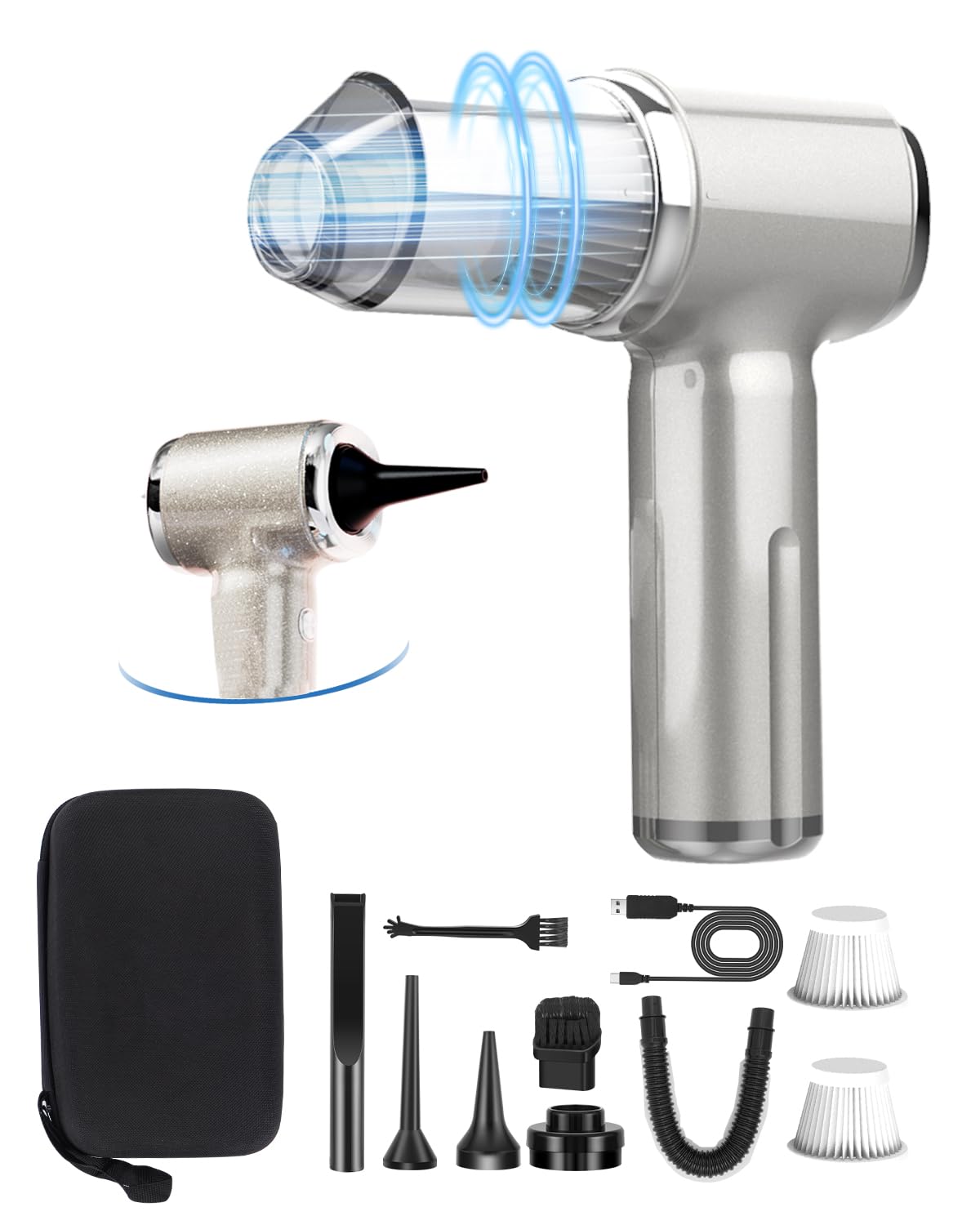 Car Vacuum Portable Cordless,22000Pa 4 in 1 Vacuum Cleaner&Air Duster,120W High Power Brushless Motor Handheld Vacuum Cordless,Type-C Charge,Multi-Nozzles for Car,Home,Office,Pet(Bright Silver)