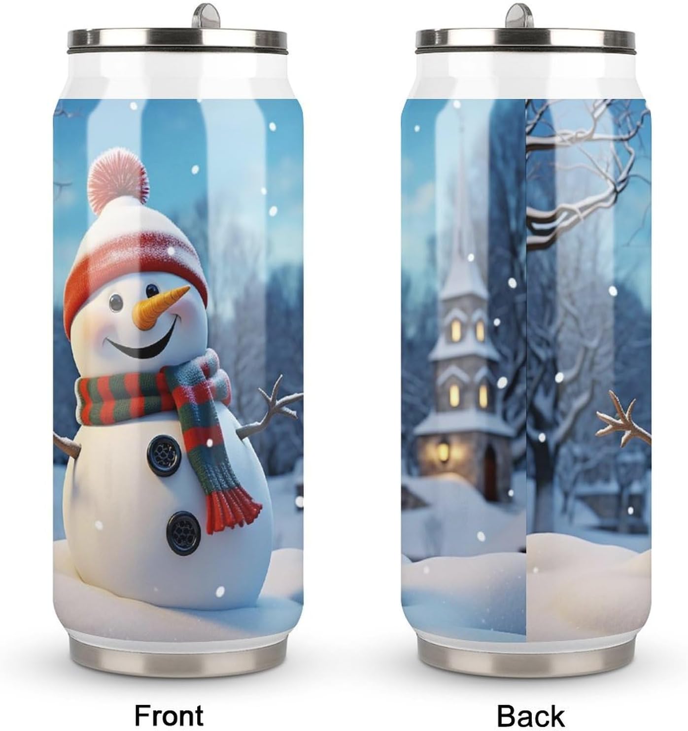 Stainless Steel Cups Happy Snowman Printed Coke Cup Stainless Steel Insulated Cups with Lid And Straw