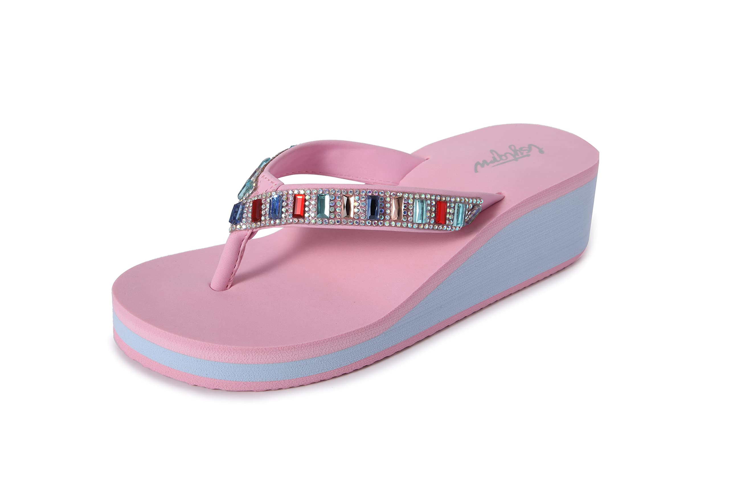 Wedge Sandals For Women Ultra Soft Cushion Thong Sandals Bling Rihinestones High Heel Arch Support Fashion Ladies Beach Walking Slides Girls Slip-on Casual Platform Flip Flops