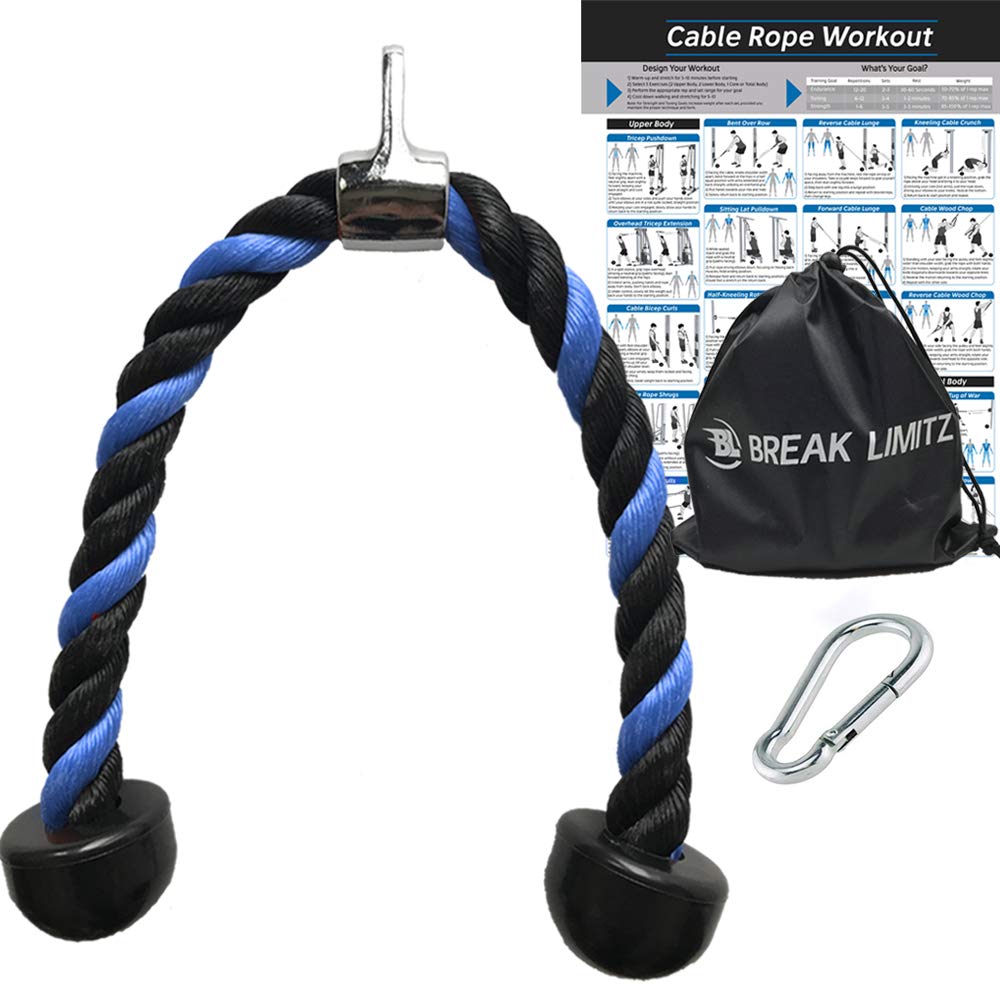 Blue Tricep Rope Pull Down & Poster Set | 27 or 36 Inch Heavy Duty Nylon Rope, Chrome Cable Attachment | Professional or Home Gyms | Includes Workout Poster, Snap Hook, Bag