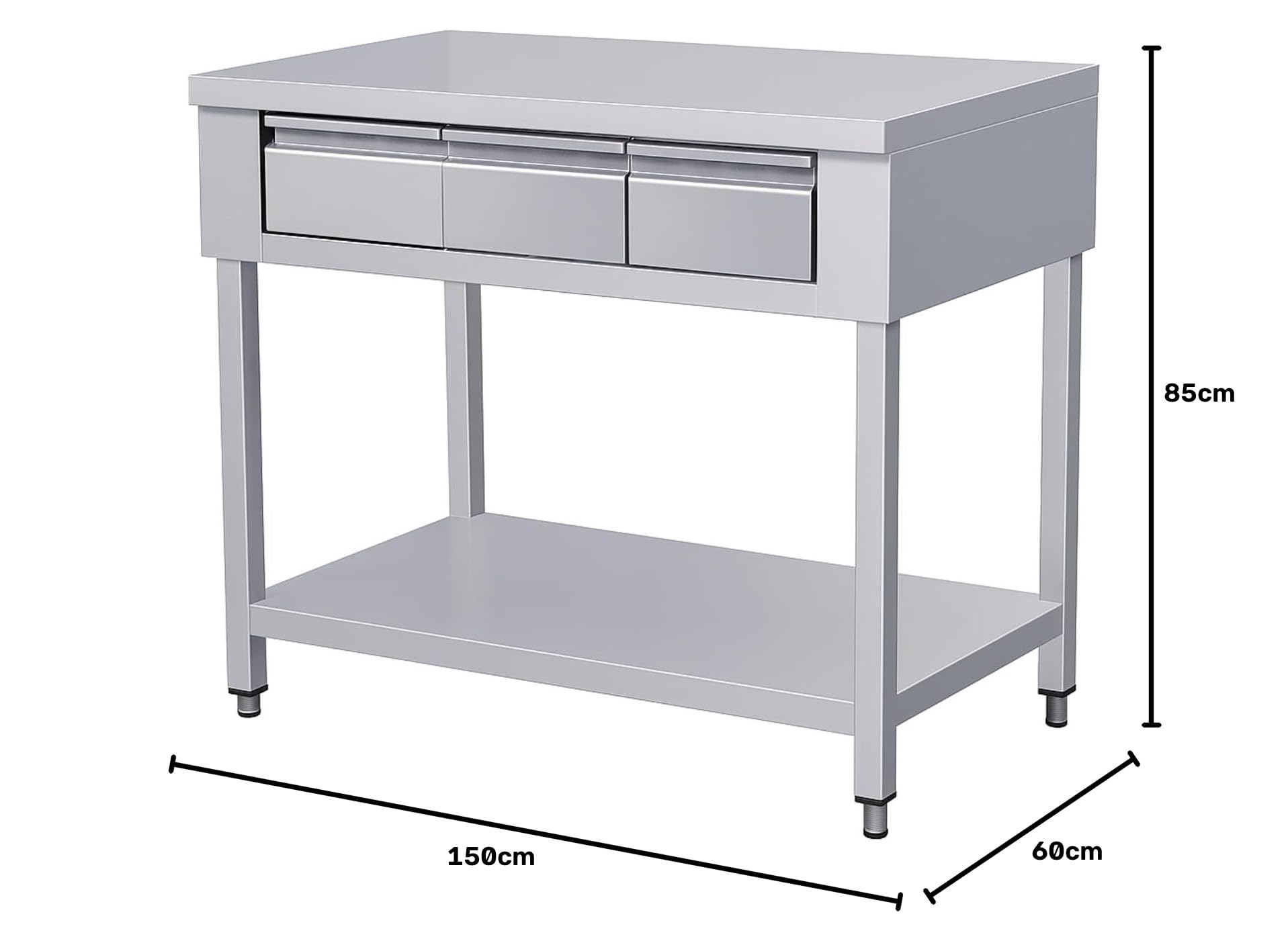 Ristoattrezzature - Tavolo in acciaio inox su gambe con 3 cassetti e piano di fondo 150x60x85h cm - Uso professionale