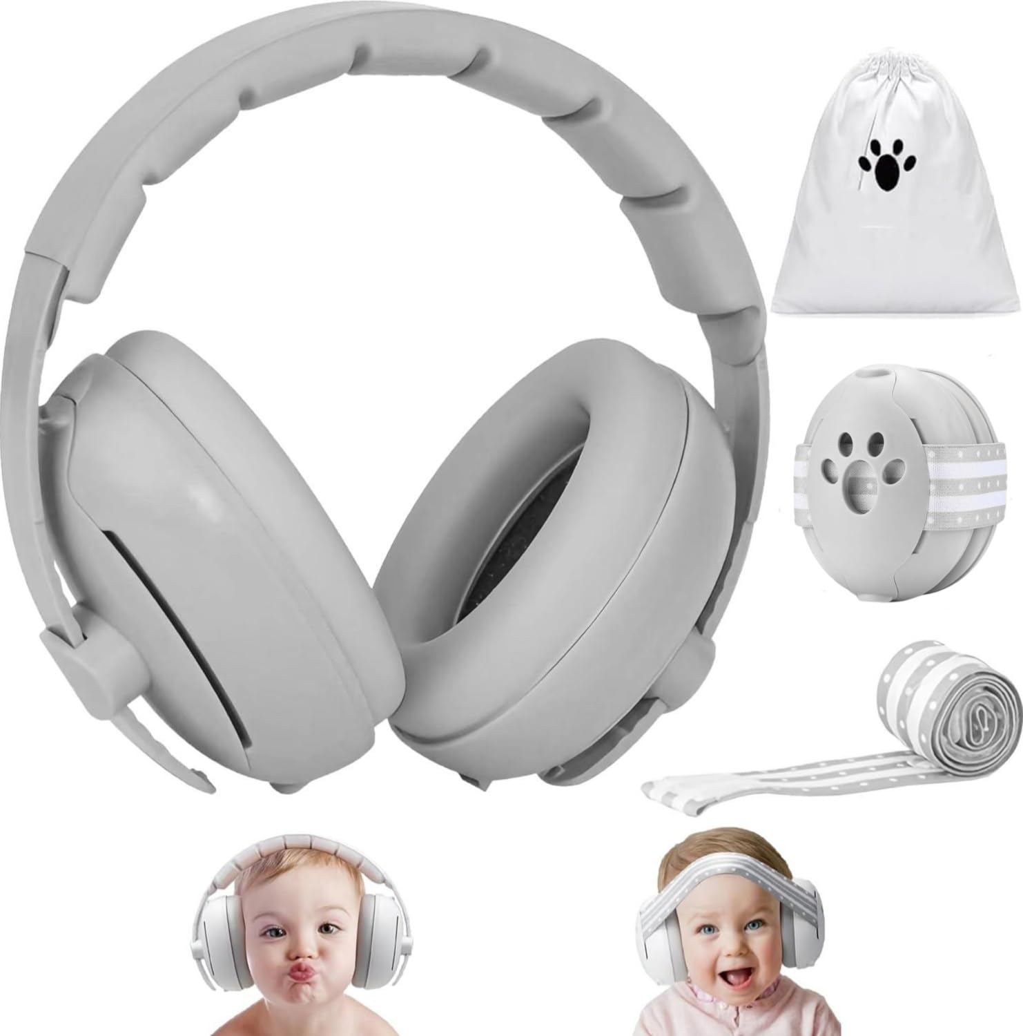 2-in-1 Baby Ohrenschützer, Gehörschutz Baby Lärmschutz Kopfhörer (0-4 Jahre), Neugeboren Ohrenschützer mit leichte ABS-Schale & Verstellbares Kopfband, ideal für Schlafreise und Alltag & Events, Grau