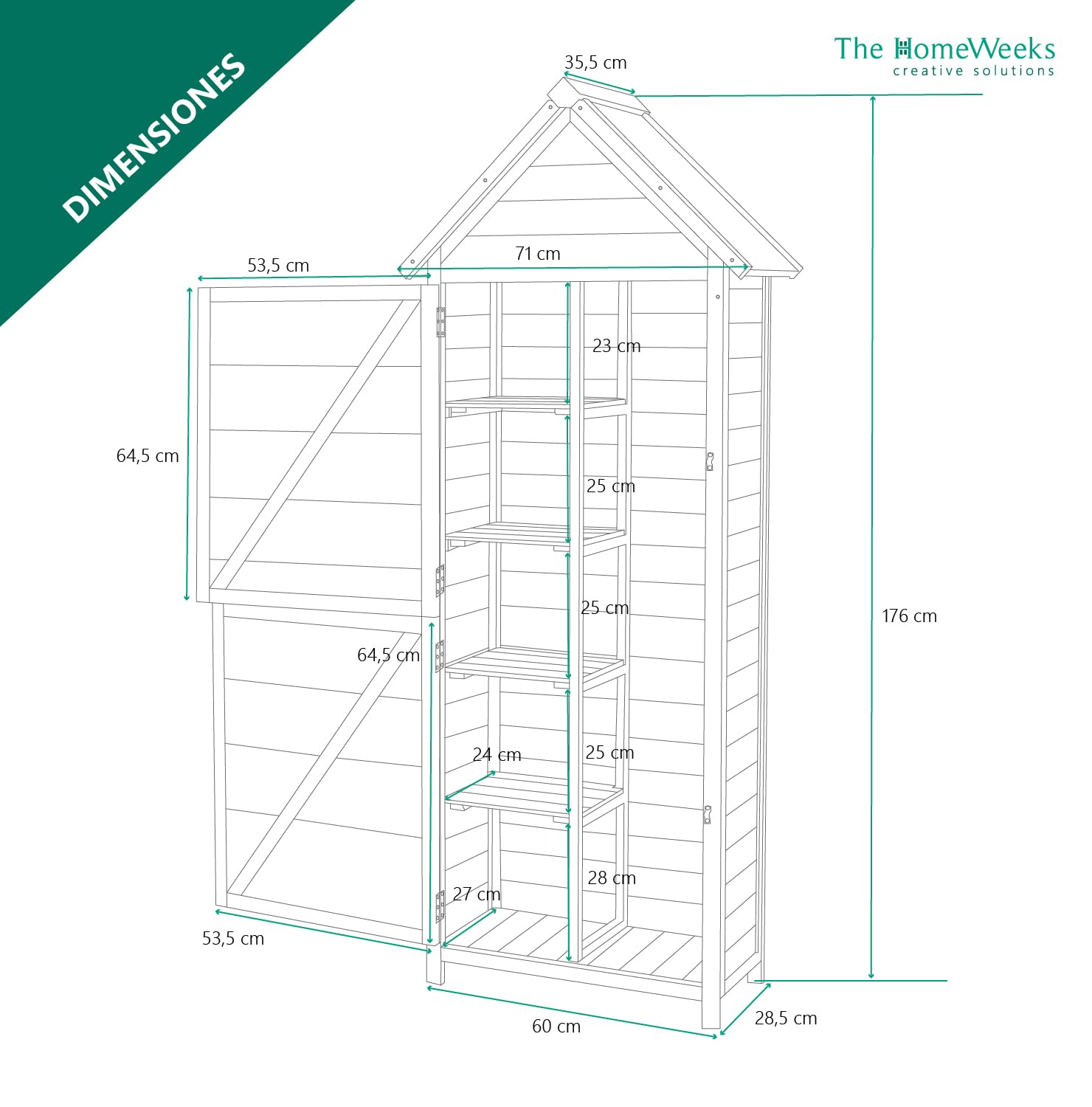 The Homeweeks Cobertizo Armario Caseta | Luka | Madera Tratada Maciza 70 * 35 * 177cm | Armario Multiusos | Impermeable | para Almacenamiento y Protección de Herramientas y Accesorios de Jardín
