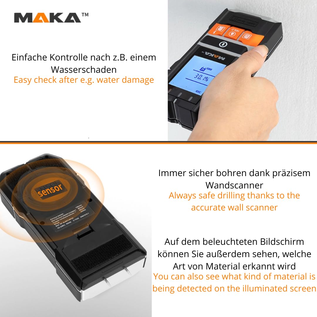 MAKA 5-in-1-Leitungsfinder Wandscanner Feuchtigkeitsmesser Metall- und Holzsucher AC