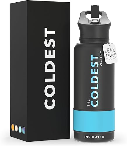 Miniatura 9 de Coldest - Botella de agua deportiva con tapa con popote y asa, a prueba de fugas, de acero inoxidable con aislamiento al vacío de doble pared,