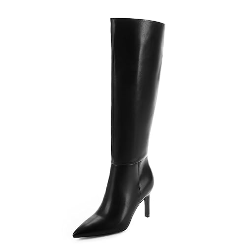Easyfox Knee High Boots Women Pointed Toe Tall Boots 3 In Stiletto High Heel Long Boots Side Zipper Dress Knee High Boots - 10 - Black
