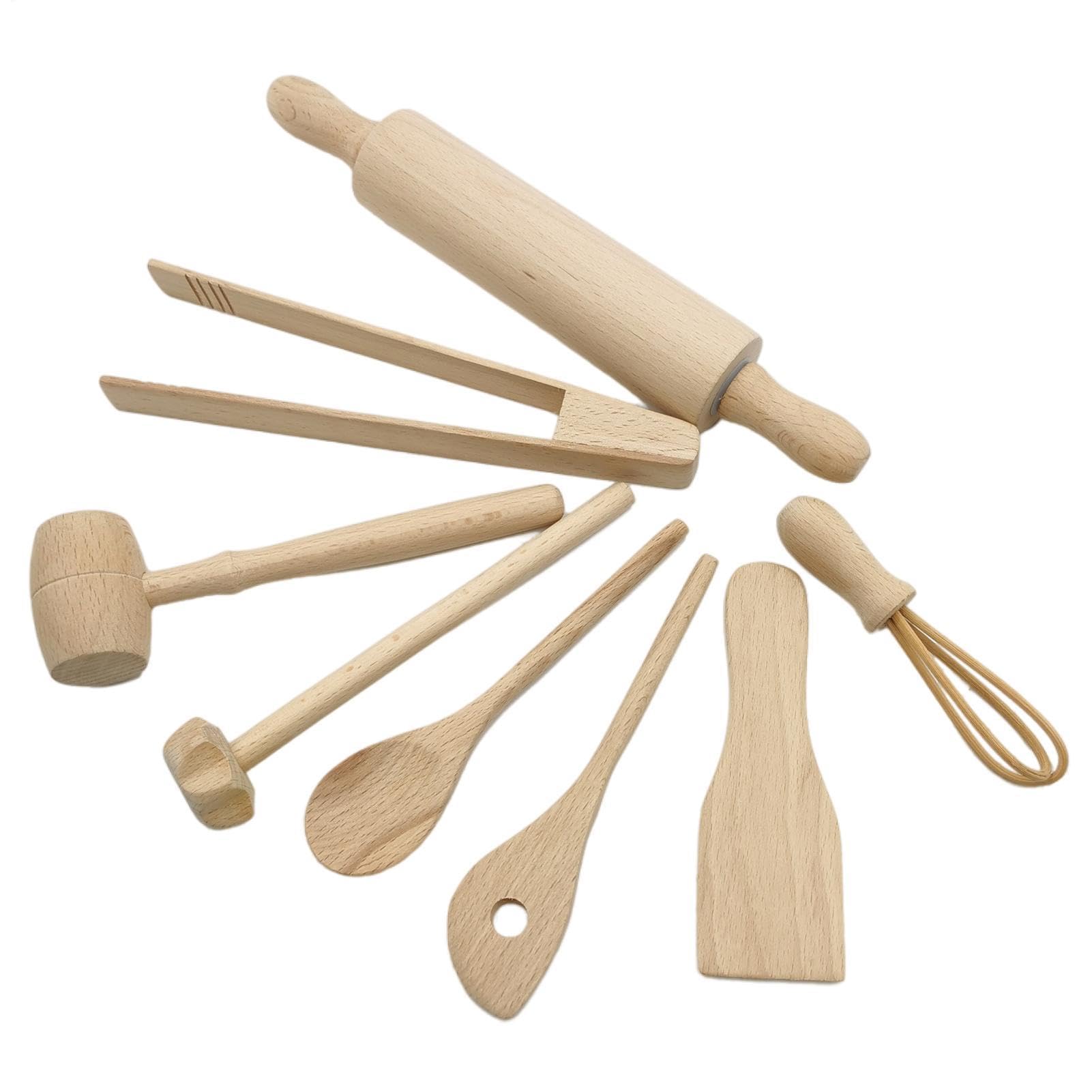 Kitchen Baking Tool Set, 8 Pieces Wooden Kitchen Utensils Kids Play Toys - Rolling Pin Meat Hammer Whisk Toast Tongs Spatula Spoons Pie Masher, Children's Playhouse Cooking Supplies for Boys Girls