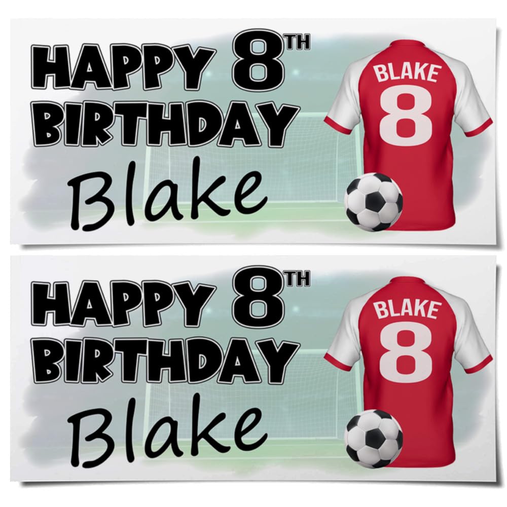 Personalised Football Birthday Banners – Red and White Colour Shirts with Any Name & Age/Number – Boys & Girls Party Decoration – Custom Birthday Supplies (Pack of 4)