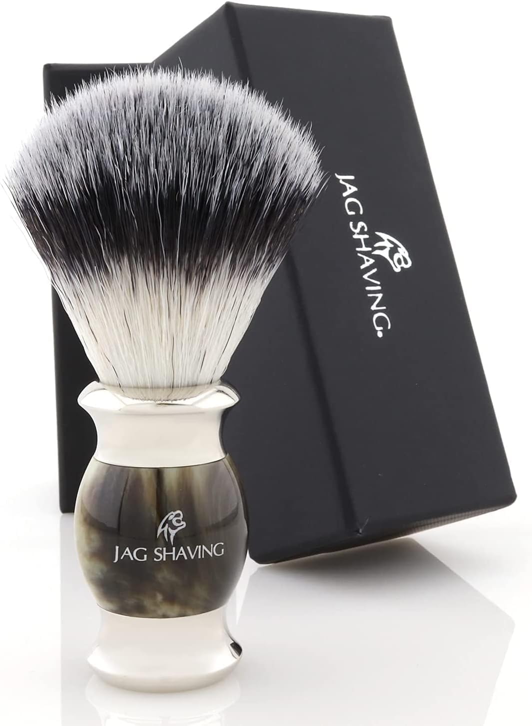 Jag Shaving Rasierset – 3-teiliges Rasierset – Jag's Lee Range – Synthetischer Silberspitzenhaar-Rasierpinsel – 5 Rasierklingen-Sicherheitsrasierer – Rasierständer – Grüne Hornimitation