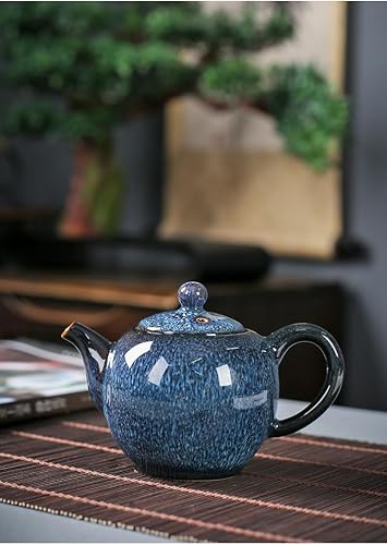 Miniatura 4 de Tetera de porcelana, tetera de 9 onzas, tetera pequeña, tradición china, esmaltado cambiado al horno, tetera de cerámica de color (azul)