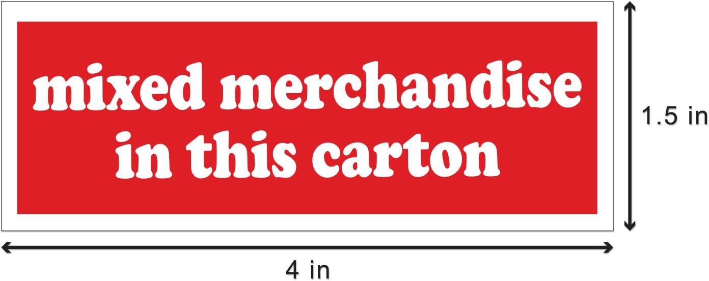 Mixed Merchandise in This Carton Labels (4 x 1.5 inch, Red - 900 Labels) Mixed Merchandise Stickers for Shipping & Handling Instructions - Strong Adhesive