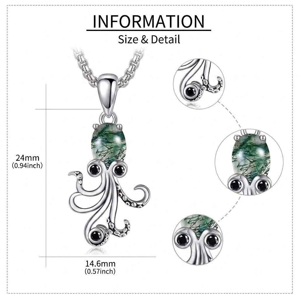 URONE Oktopus Kette S925 Sterlingsilber Moosachat/Mondstein/Schwarzem Onyx/Weißem Opal/Blauem Opal/Türkis Oktopus Anhänger Haslkette Meeresschmuck Geschenke für Damen