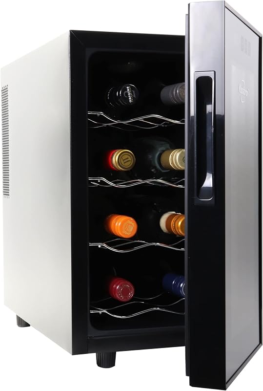 8 Bottle Wine Cooler, Black, Thermoelectric Wine Fridge, 0.8 cu. ft. (23L), Freestanding Urban Series Wine Refrigerator, Red, White and Sparkling Wine Storage for Kitchen and Apartment | 4 removable racks, mirrored UV-blocking glass, LED light, 46-66°F range