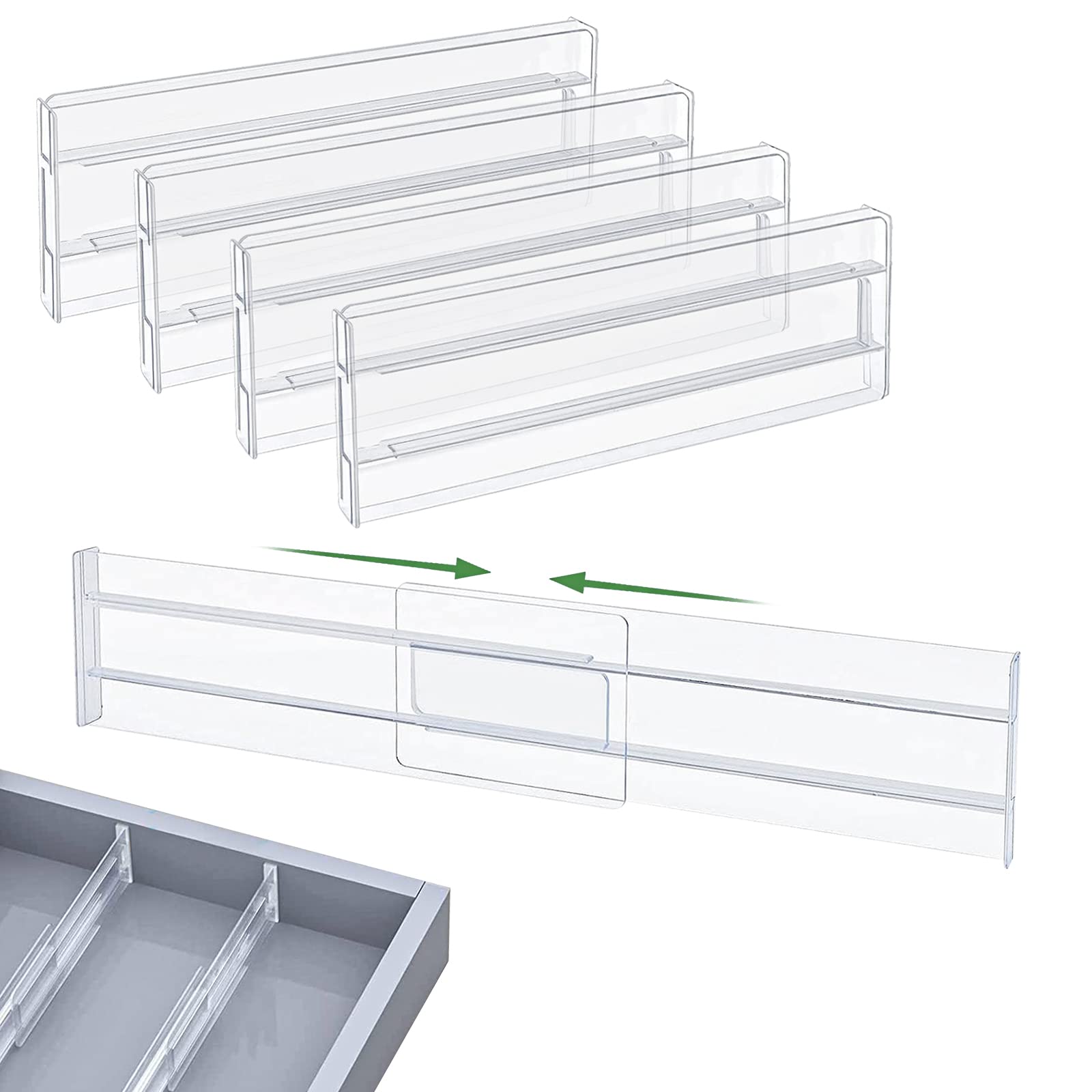 4 Pack Drawer Dividers for Clothes,Adjustable Drawer Organiser Divider Plastic Kitchen Draw Dividers,Easy Installation,Acrylic Cutlery Drawer Organisers