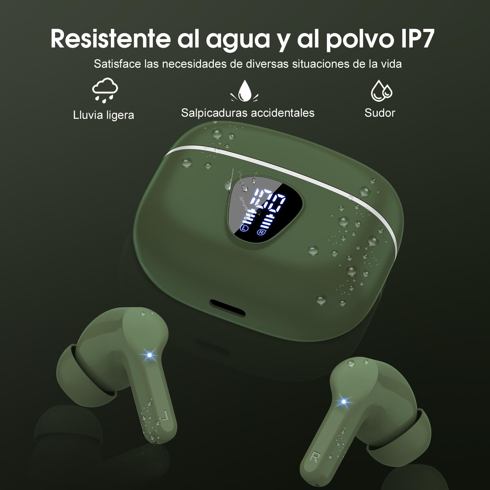 Auriculares Inalámbricos Bluetooth, Auriculares Bluetooth 5.4 con Controlador de 14,2 mm, Sonido Envolvente, 48H Cascos Inalámbricos con Reducción de Ruido, Pantalla LED, IP7 Impermeable, Retro Verde